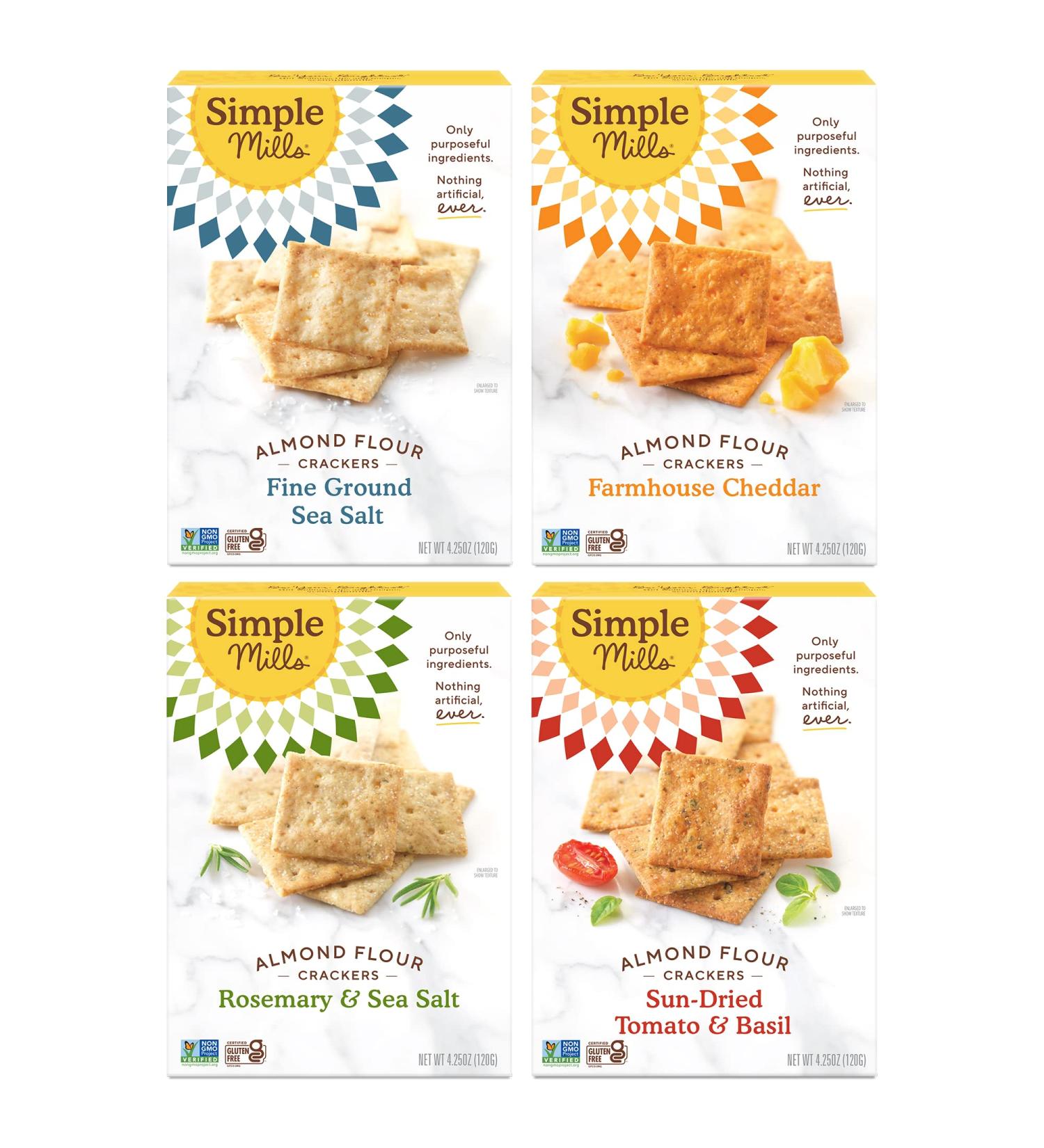Simple Mills Almond Flour Crackers Variety Pack - Gluten Free Healthy Snacks (Fine Ground Sea Salt, Rosemary & Sea Salt, Farmhouse Cheddar, Sun-Dried Tomato & Basil) - 4.25 Ounce (Pack of 4) - Buy Online on SooperMarket.com