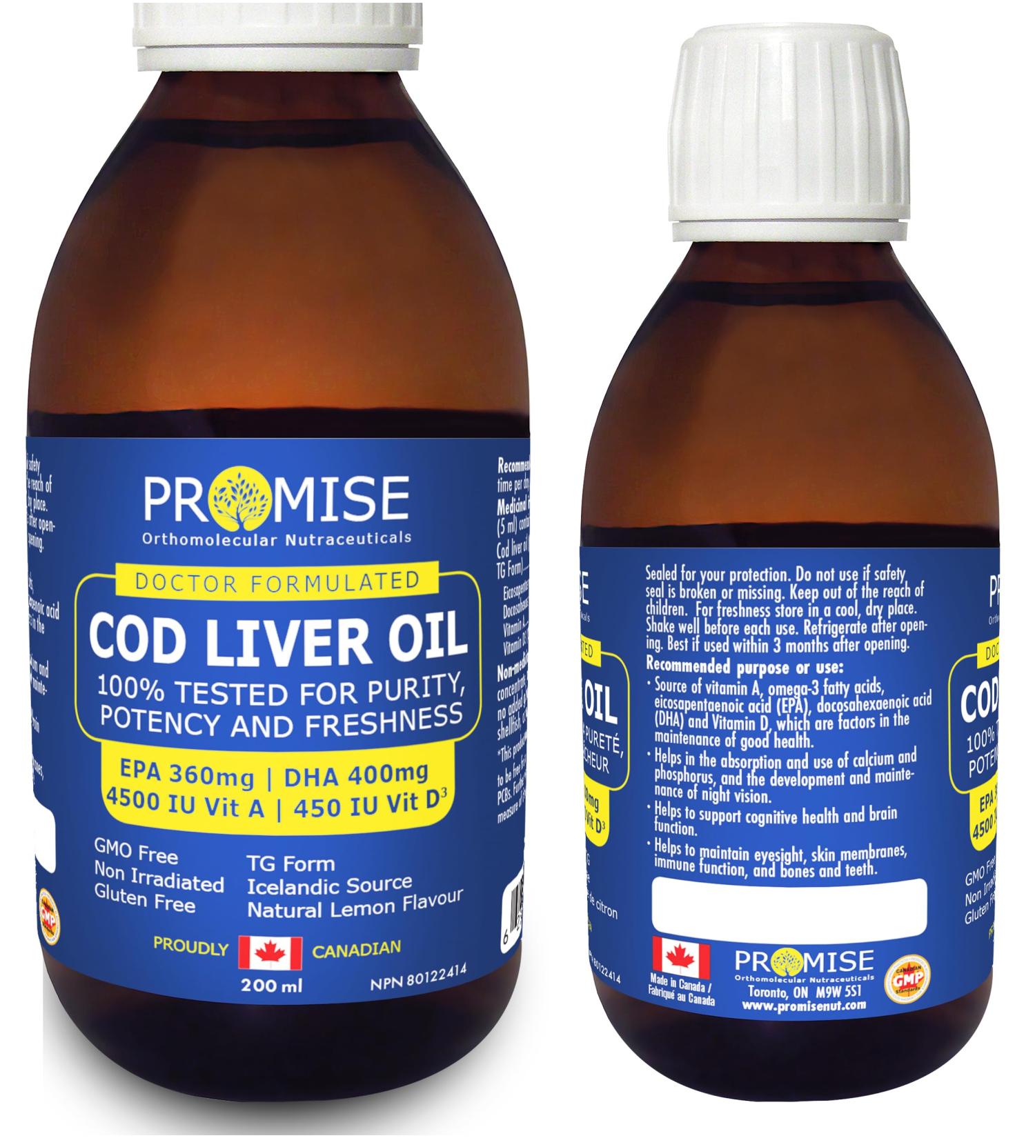 200ml (6.8oz) Cod Liver Oil 100% Tested for Purity Potency and Freshness EPA 360mg | DHA 400mg 4500 IU Vit A | 450 IU Vit D3 Made in Canada - Buy Online on SooperMarket.com