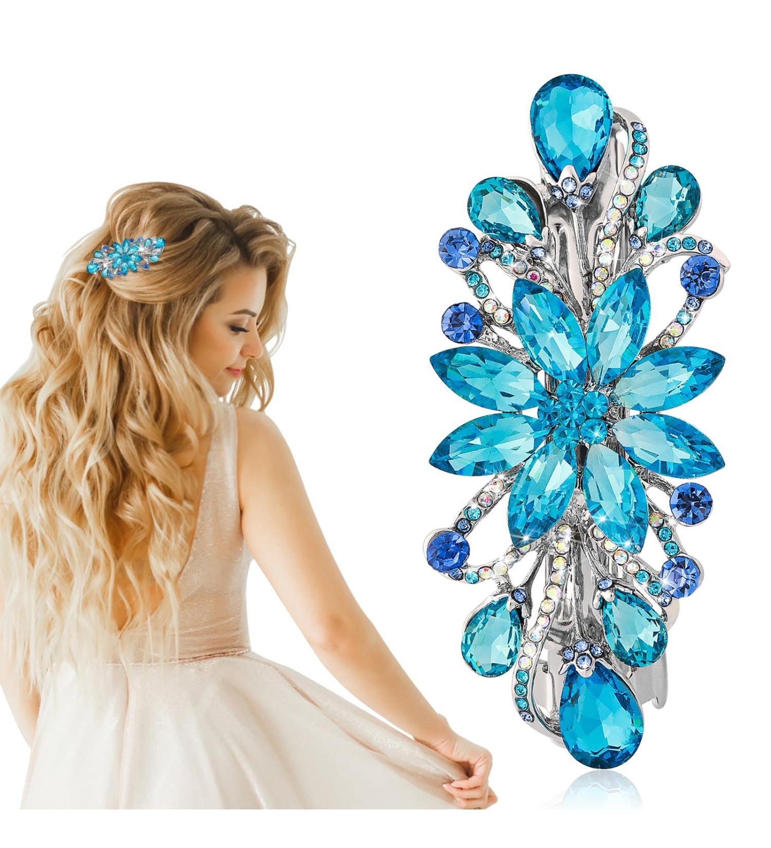 WLLHYF Flower Hair Clip - Vintage Rhinestone Barrette for Women & Girls (Sky Blue) - Buy Online on SooperMarket.com