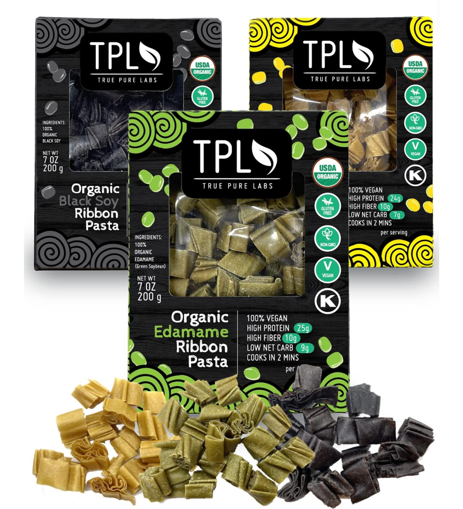 Organic Bean Ribbon Cut Artisan Pasta Combo Sampler Pack - Edamame, Black & Yellow Soy - Keto Low Carb Protein Gluten Free Pasta - 3 Pack - Buy Online on SooperMarket.com