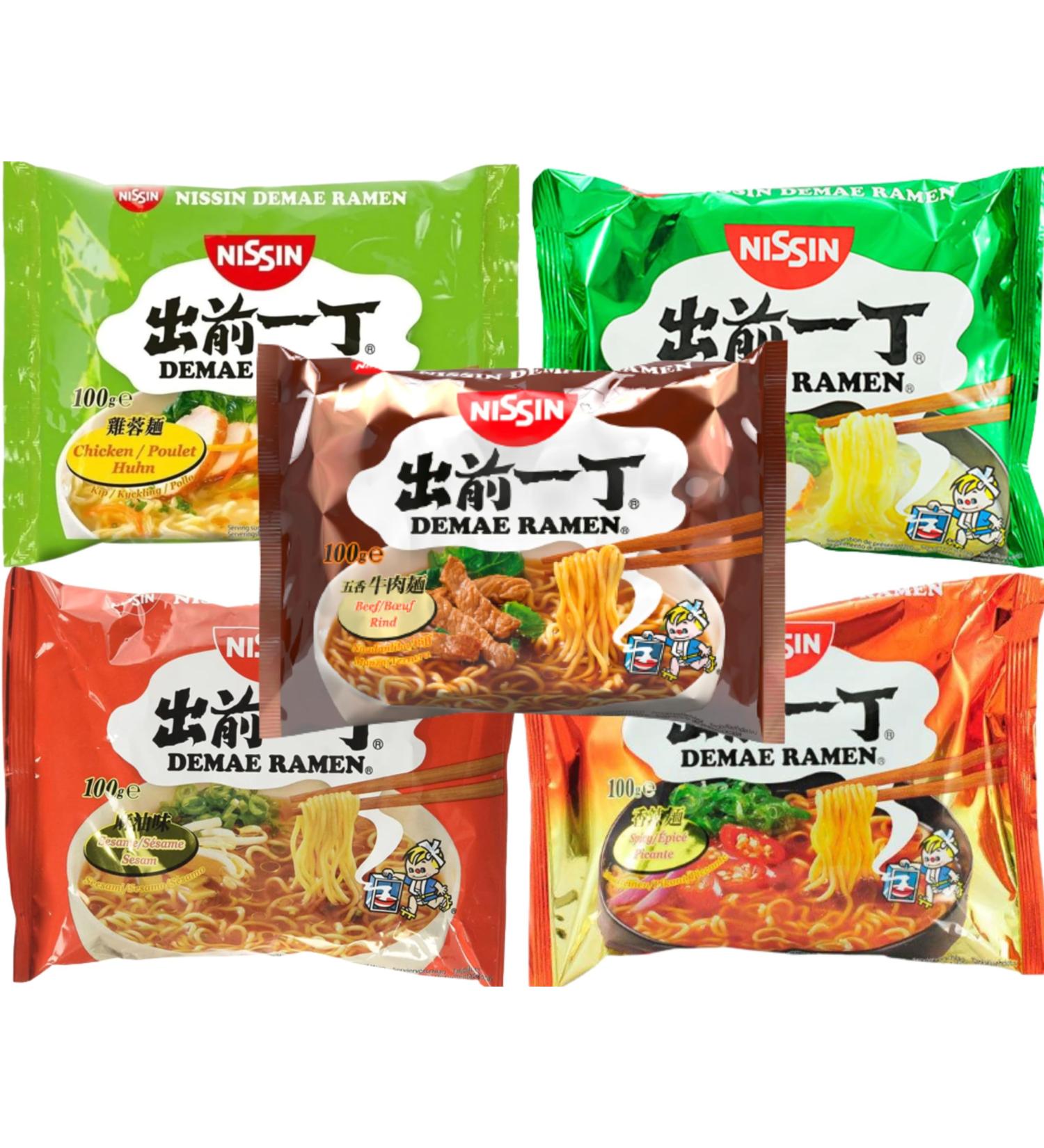 Nissin Demae Ramen 100G Assorted Flavours - Pack of 10 (Beef Chicken Sesame Tonkotsu and Spicy - 2 packs each flavour) - Buy Online on SooperMarket.com