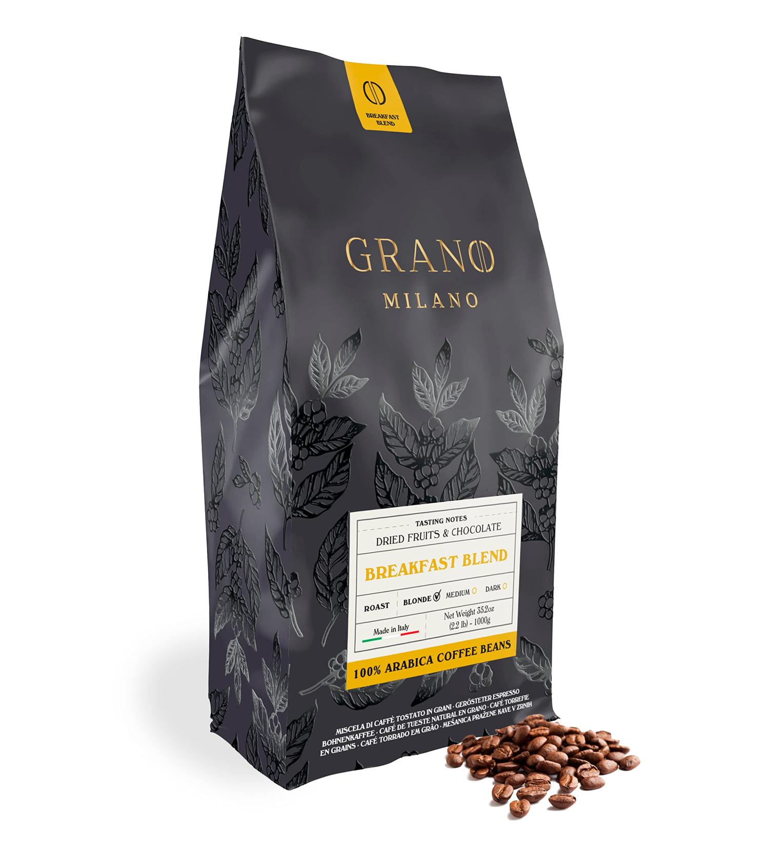 Grano Milano Breakfast Blend 100% Arabica Blonde Roast Coffee Beans 1kg - Intensity 2/5 | Made in Italy - Buy Online on SooperMarket.com