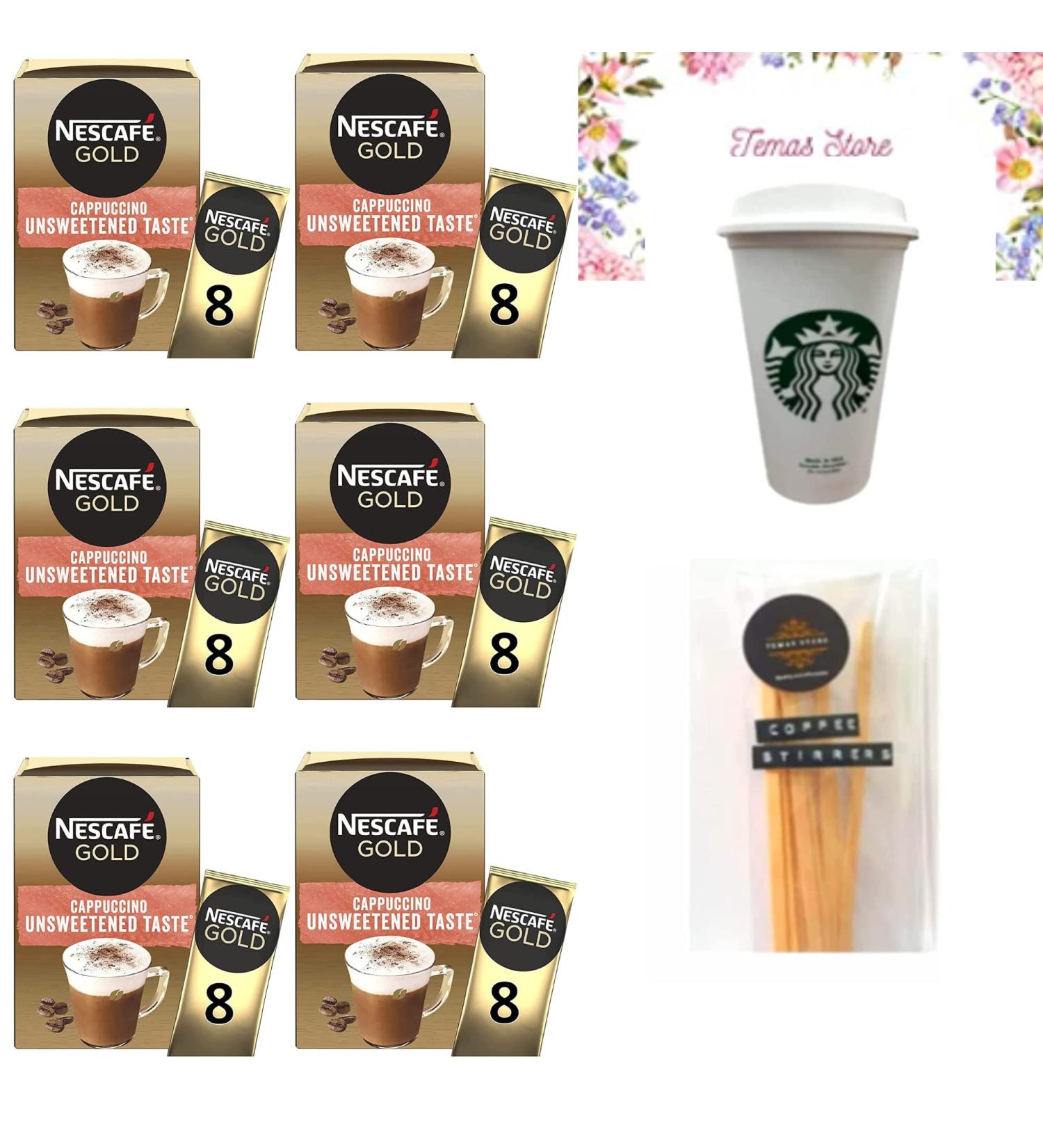 Nescafe Gold Cappuccino Unsweetened Taste Bundle With Reusable Coffee Cup & Coffee Stirrer Sticks | Cappuccino Sachets | Individually Wrapped Coffee Sachets | Compatible With Lovers Of Nescafe Gold - Buy Online on SooperMarket.com