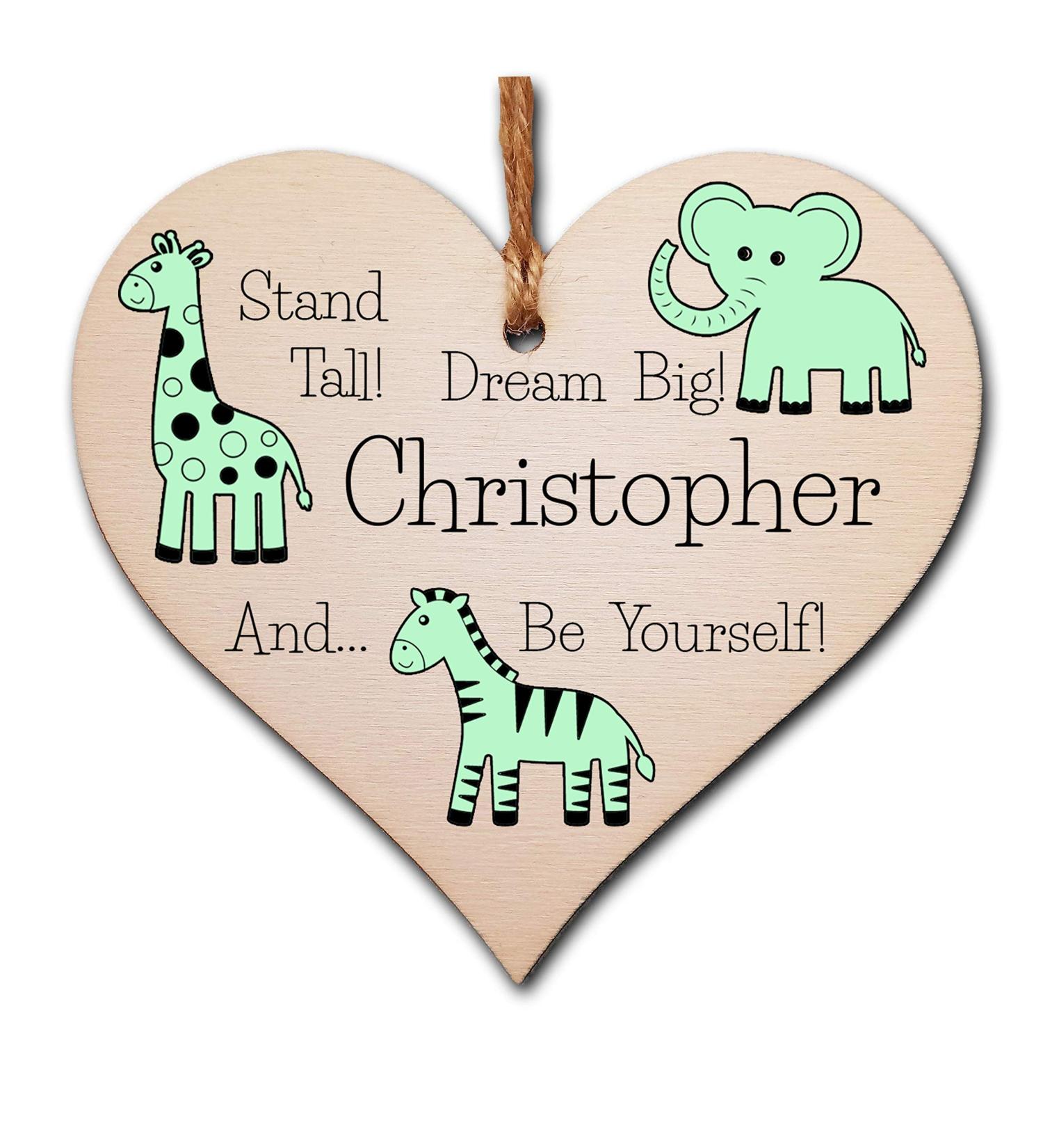 Personalised Wooden Hanging Heart Plaque - Be Brave Dream Big Be Yourself | Green Safari Animals Nursery Decor - Buy Online on SooperMarket.com