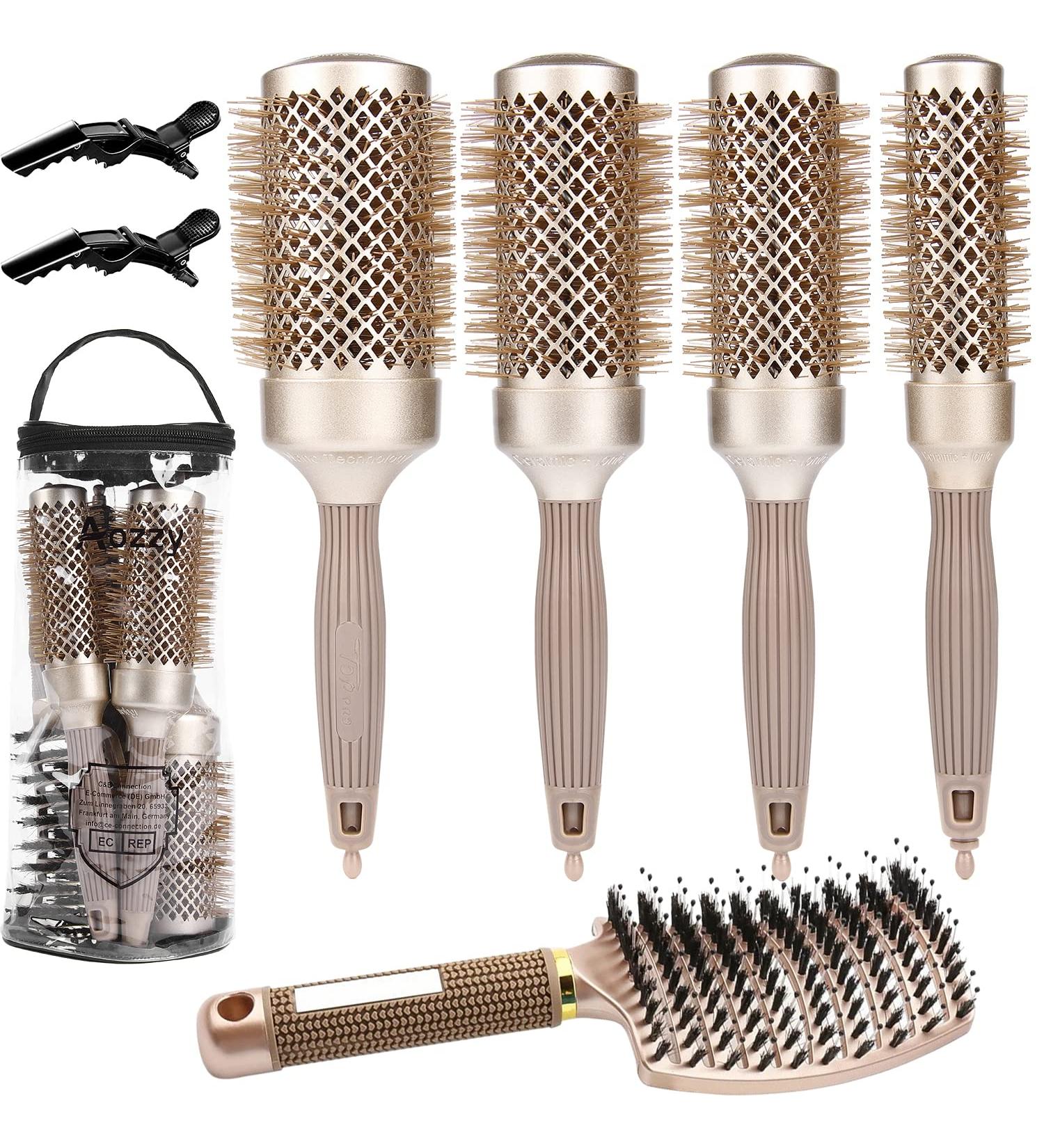 5PCS Round Brush Set with Boar Bristle Curved Vented Hair Brush - Nano Thermal Ceramic & Ionic Tech for Healthy, Shiny Hair - Buy Online on SooperMarket.com