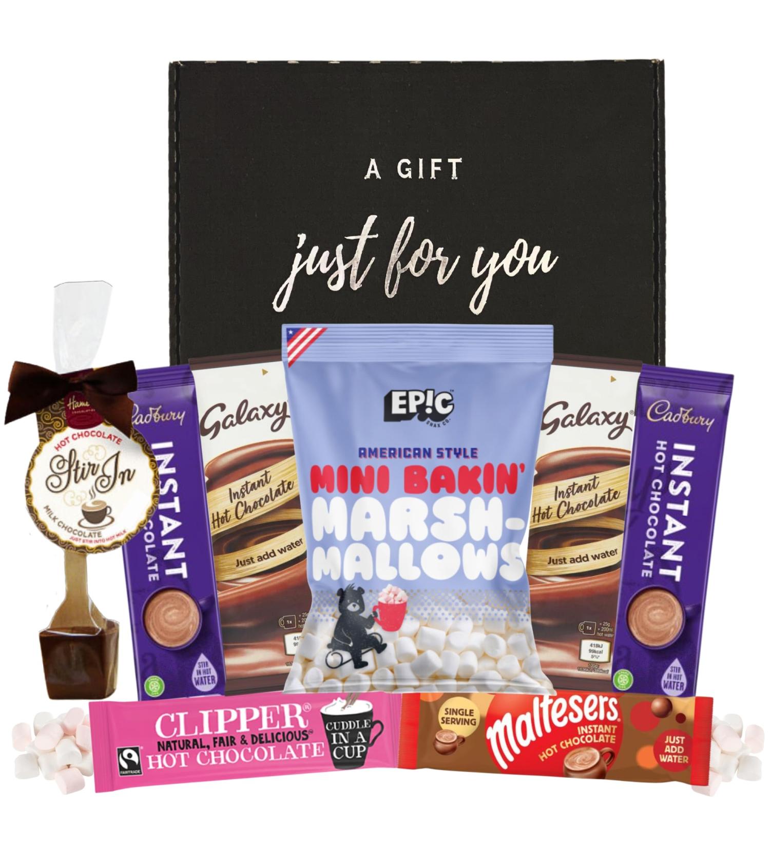 Deluxe Hot Chocolate Gift Set with 6 Variety Pack - Cadbury, Galaxy, Clipper, Maltesers - Includes Mini Marshmallows and Chocolate Spoon - Buy Online on SooperMarket.com