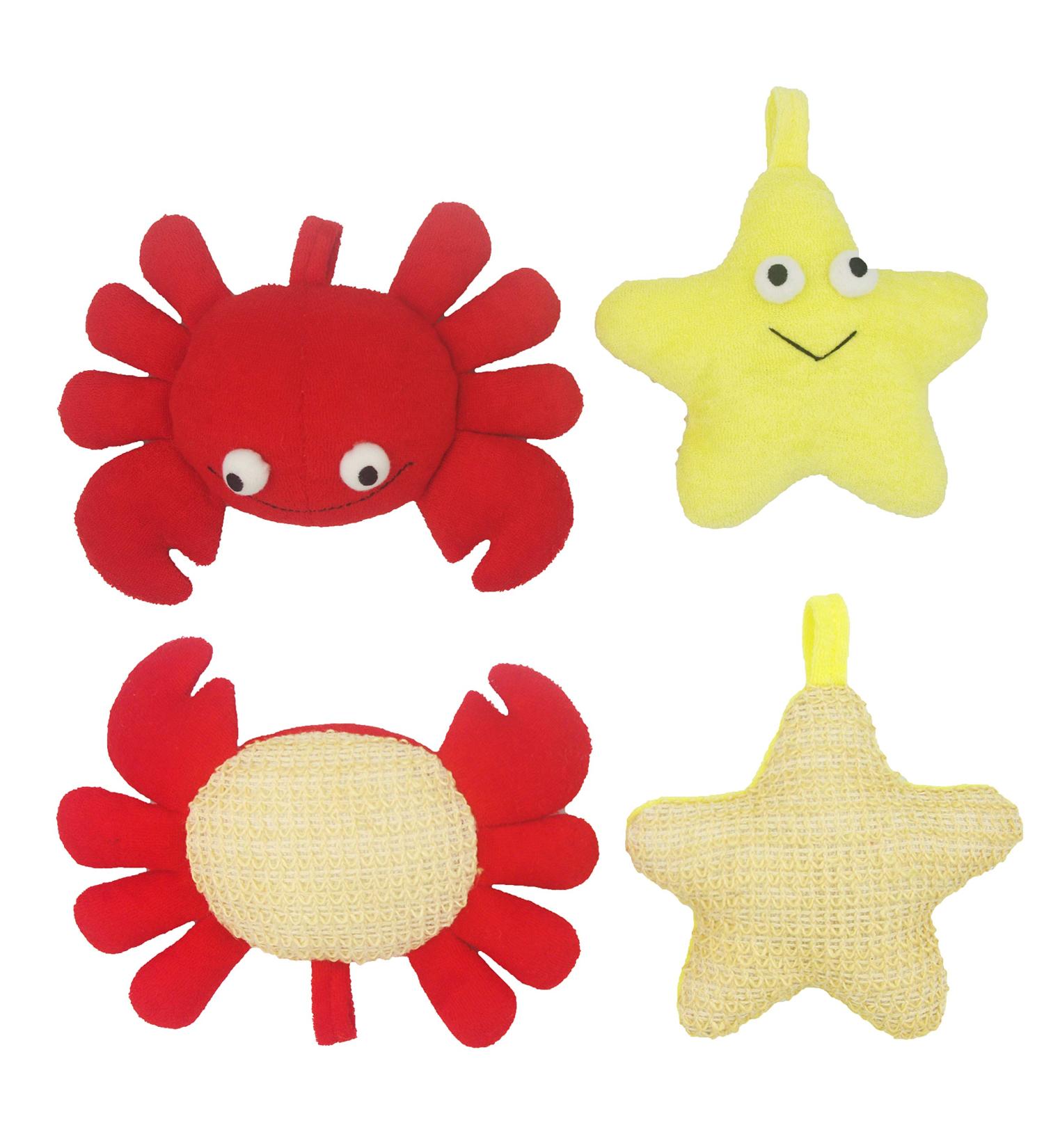 Bleu Bath 2 Pack Animal Body Scrubber Natural Linen Shower Balls for Kids - Gentle Exfoliating Bath Sponge Loofah Pouf - Yellow Starfish Red Crab Design - Buy Online on SooperMarket.com