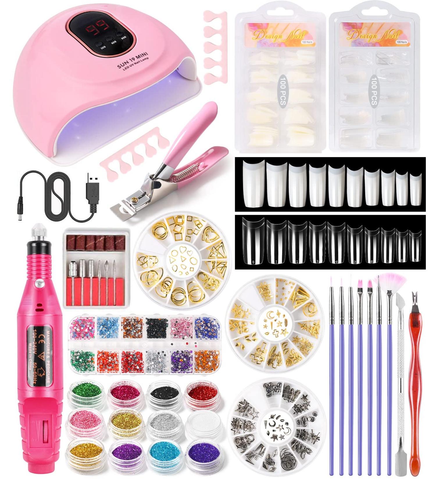 Electric Nail Drill & Acrylic Nail Tips Kit - 36W UV Lamp Gel Manicure Dryer 3D Synthetic Drill & 12 Color Glitter | International Shipping Available - Buy Online on SooperMarket.com