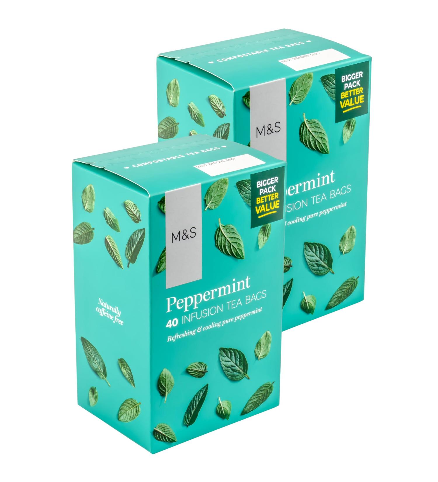 M&S Peppermint Infusion Teabags Refreshing & Cooling Pure Peppermint Compostable Caffiene Free - Set of 80 Bags (2 x 40)