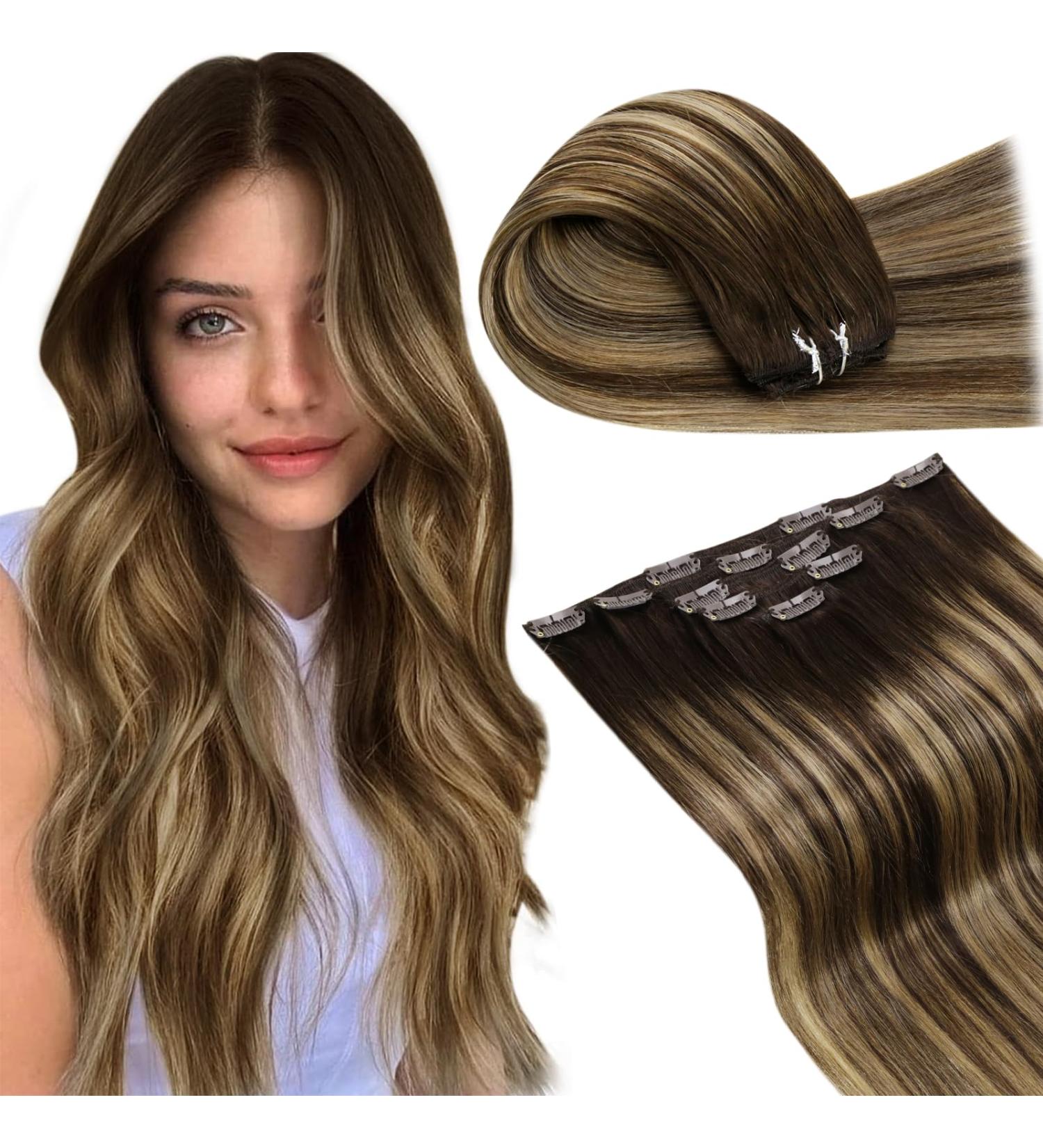LAAVOO Real Hair Clip Extensions - 40cm Balayage Brown Ombre Clips 105g 7pcs - Double Weft #4/27/4 - Buy Online on SooperMarket.com