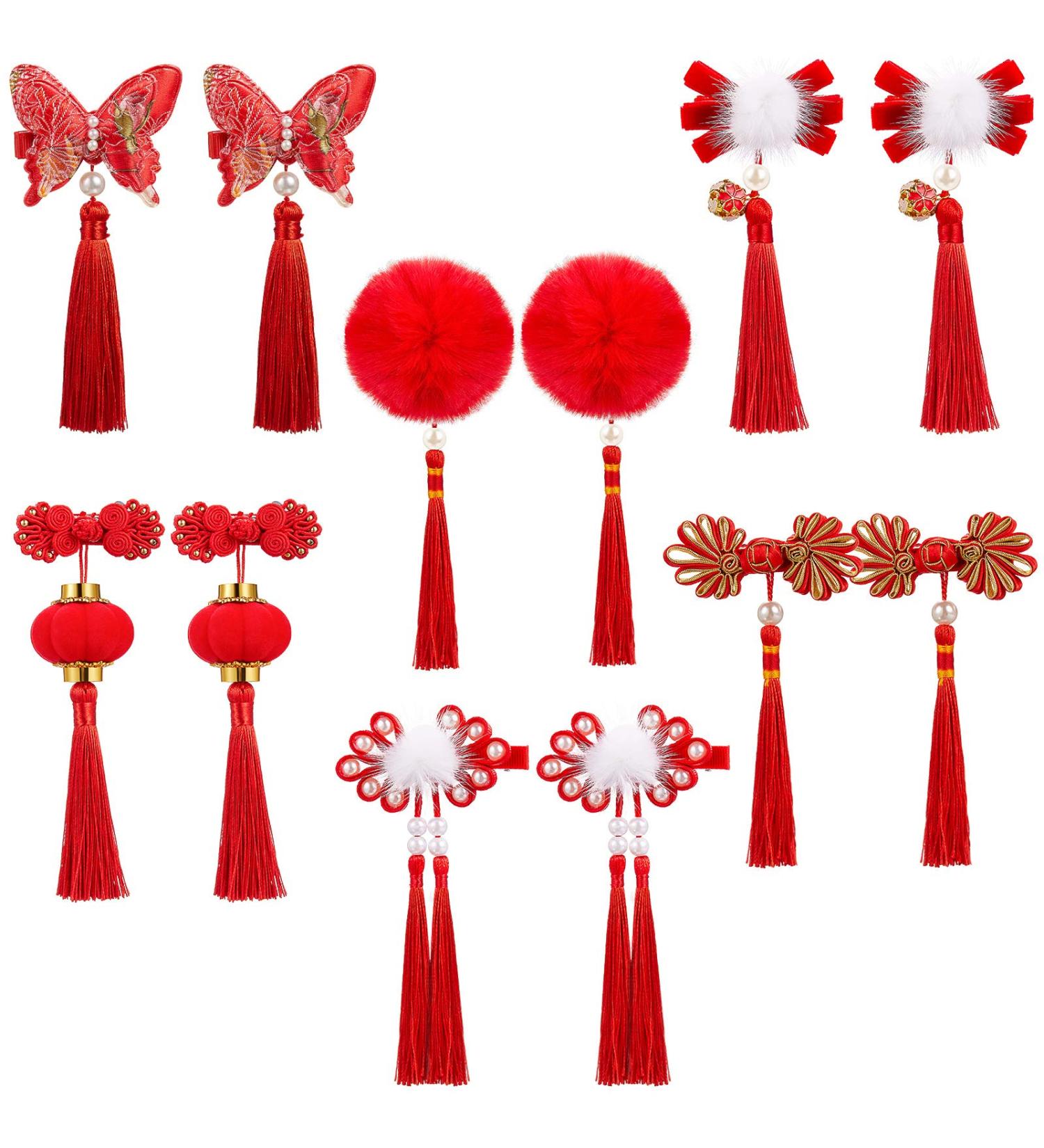 6 Pairs Baby Girls Chinese Style Hair Clips with Hairy Furry Balls and Tassels - Red Lantern Butterfly Decor - Perfect for New Year and Spring Festival - Buy Online on SooperMarket.com
