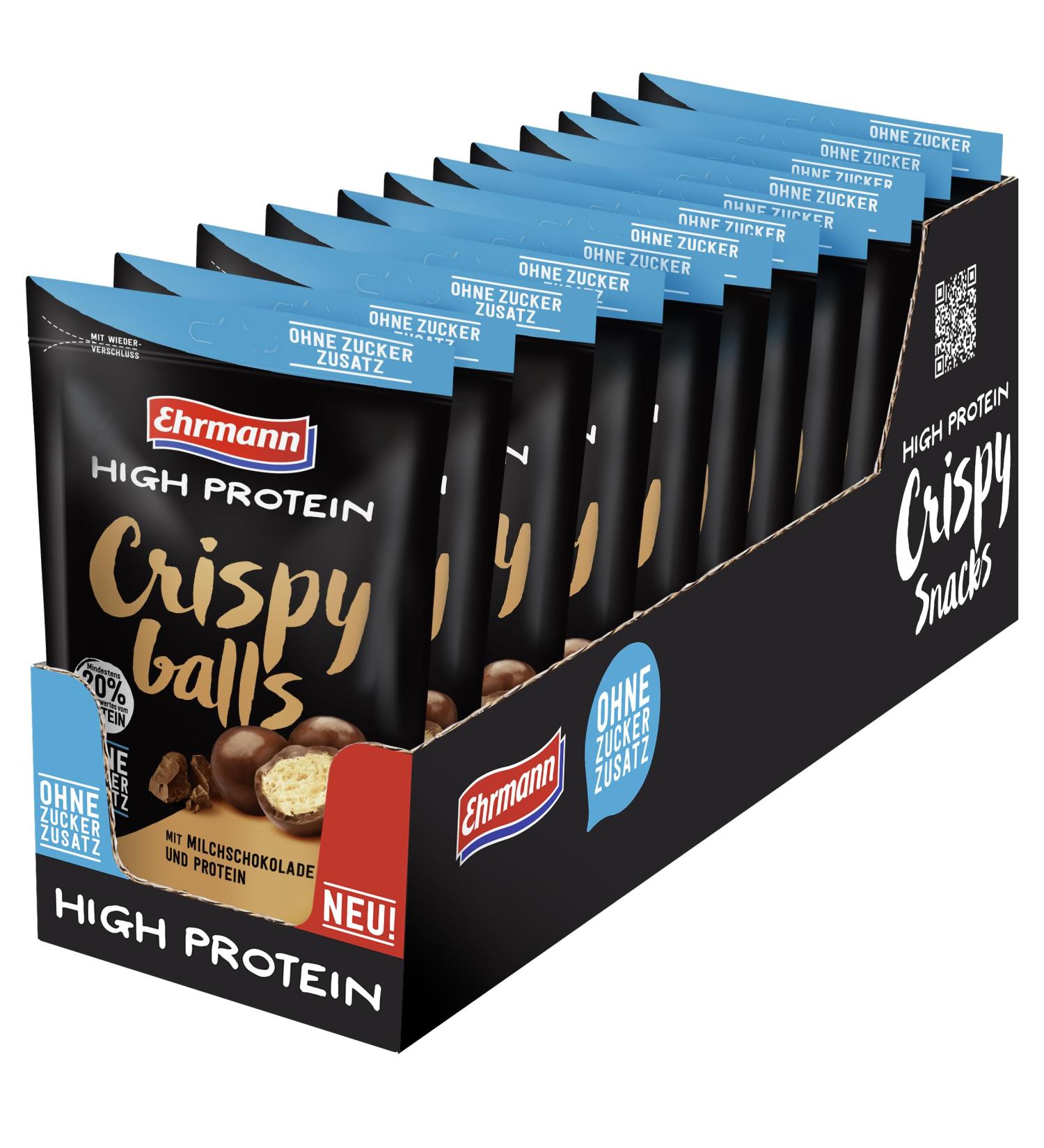 Ehrmann High Protein Crispy Balls - Sugar-Free Milk Chocolate & Fairtrade Cocoa | 12 x 55g Grain Snacks for Healthy Energy - Buy Online on SooperMarket.com