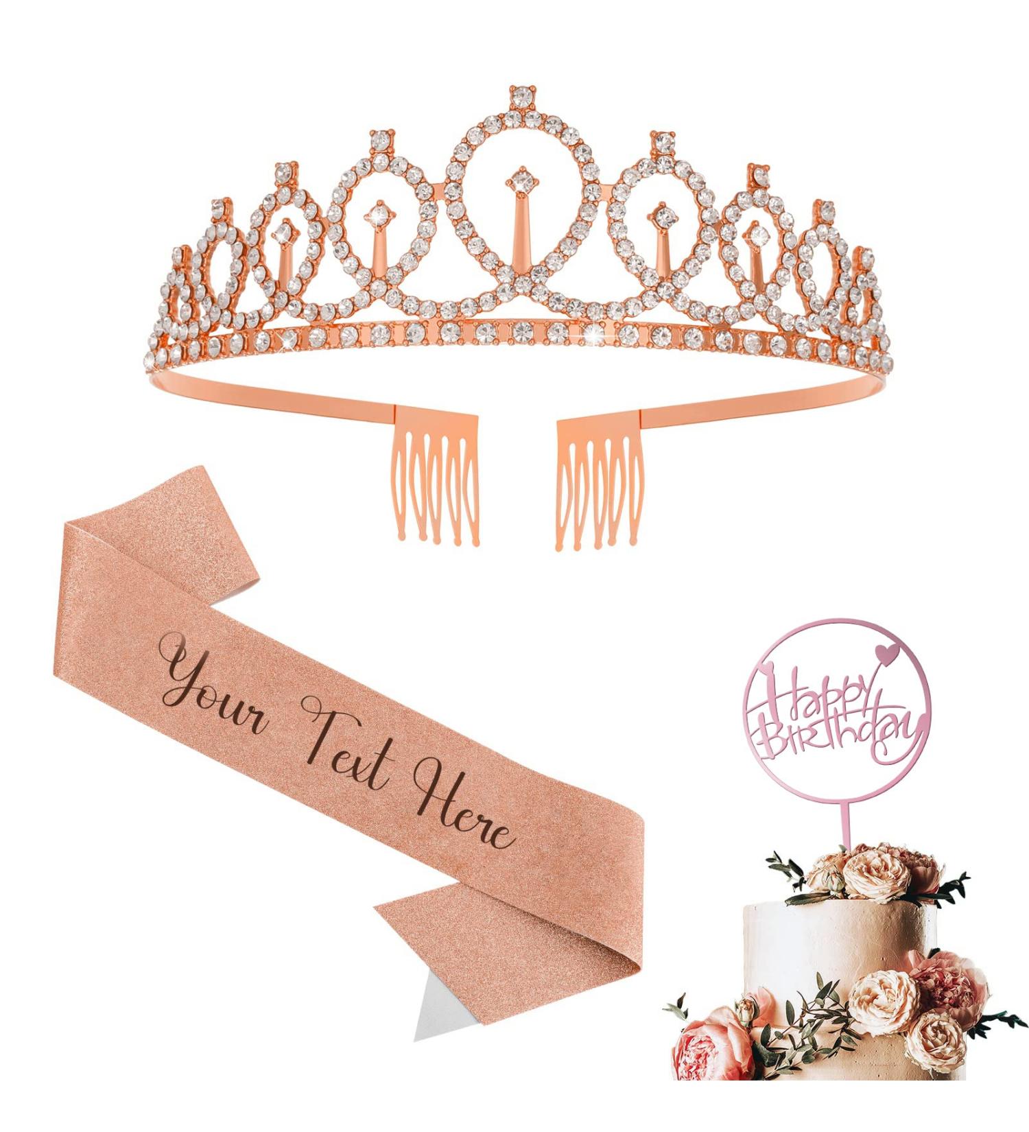 Personalized Birthday Sash & Crown Set for Women - Birthday Cake Toppers & Gift Kit - Rhinestone Hair Accessories - Rose Gold - Buy Online on SooperMarket.com
