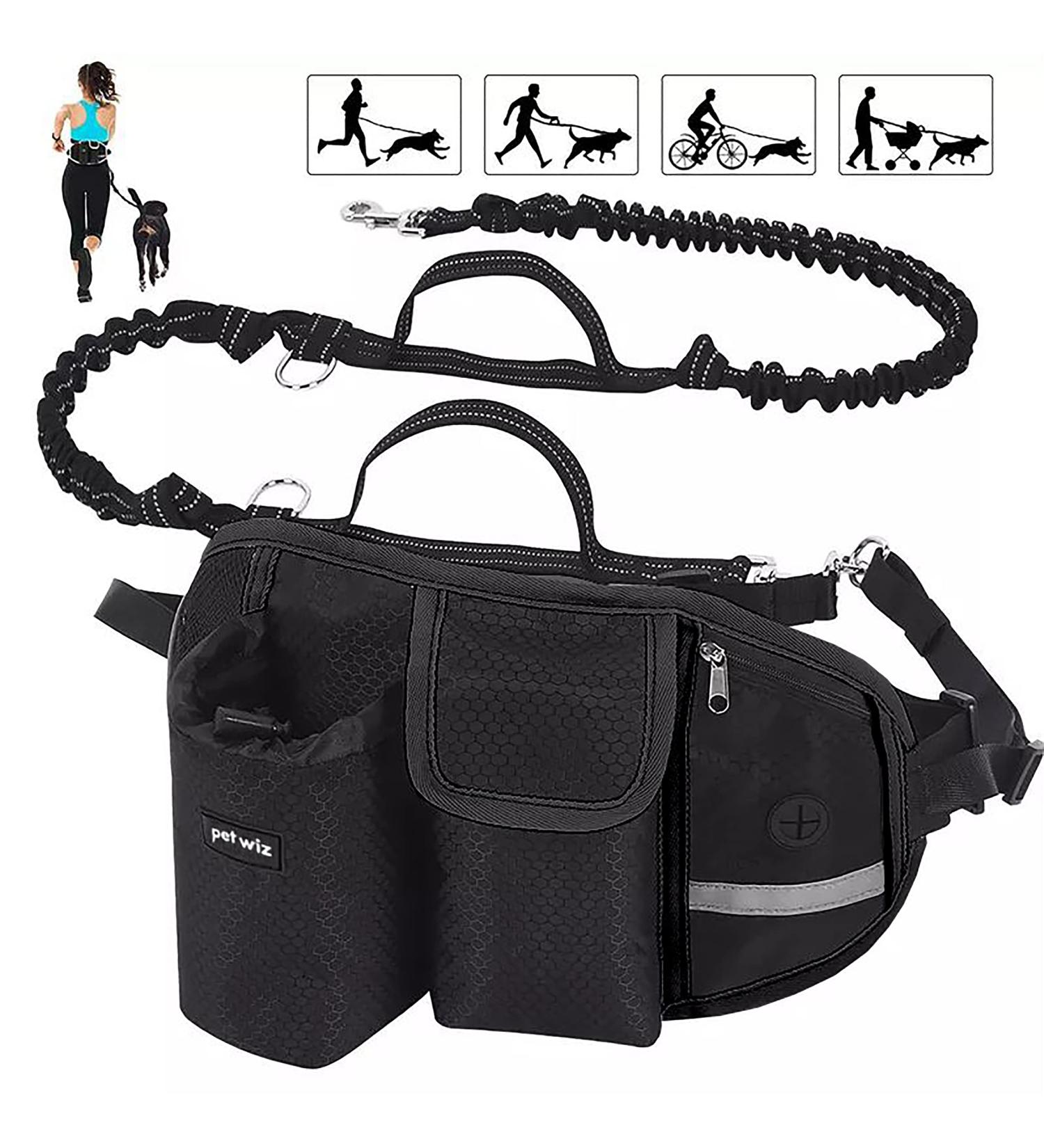 Hands-Free Dog Running Lead with Reflective Stitching - Adjustable Waistband, Dual Handles, Bungee Leads - Black - Buy Online on SooperMarket.com