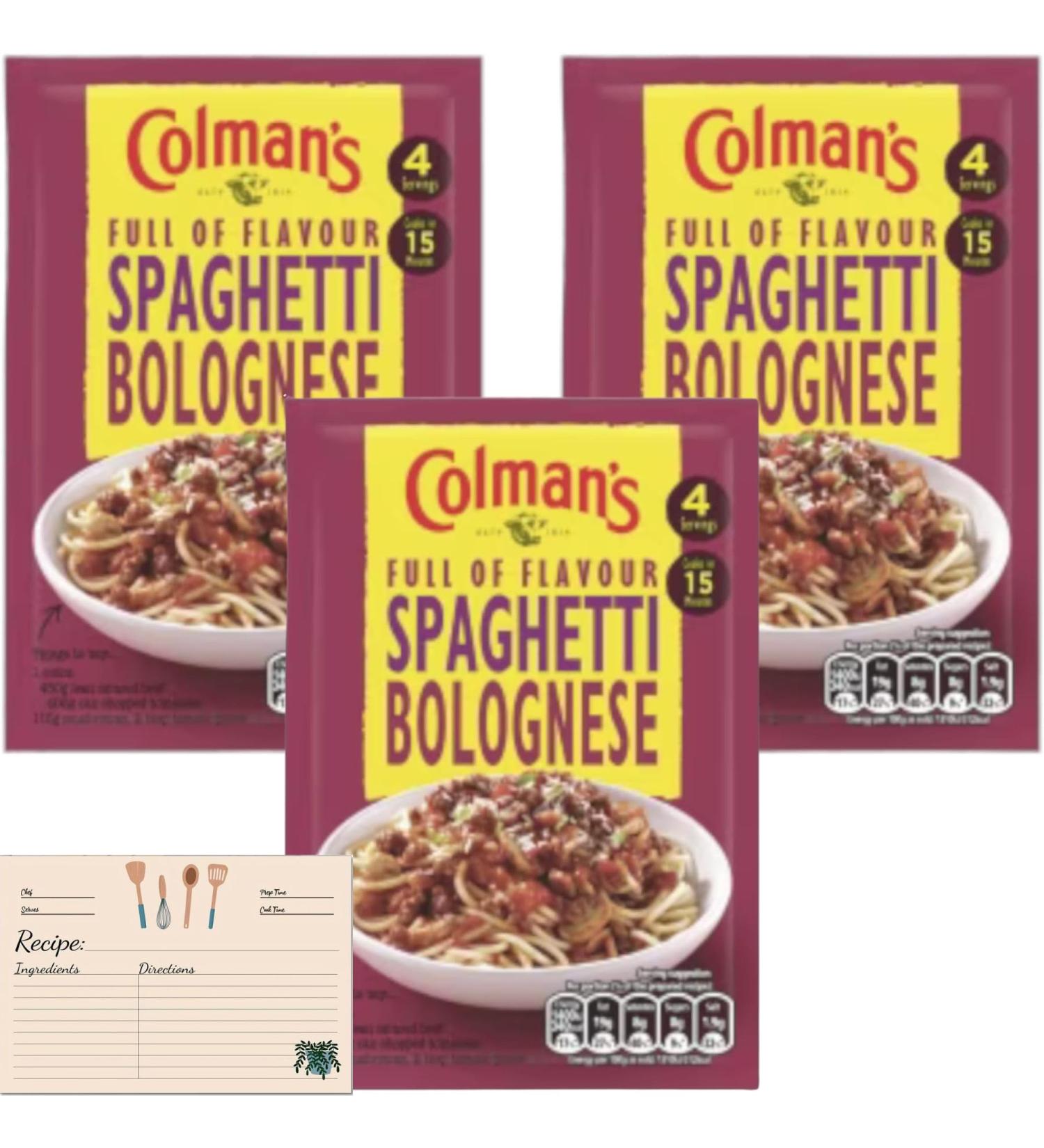 3 x Colman's Spaghetti Bolognese Recipe Mix Delicious with Grated Cheddar Cheese Quick to Prepare Sauce Mix 44g with Oerich Recipe Card - Buy Online on SooperMarket.com