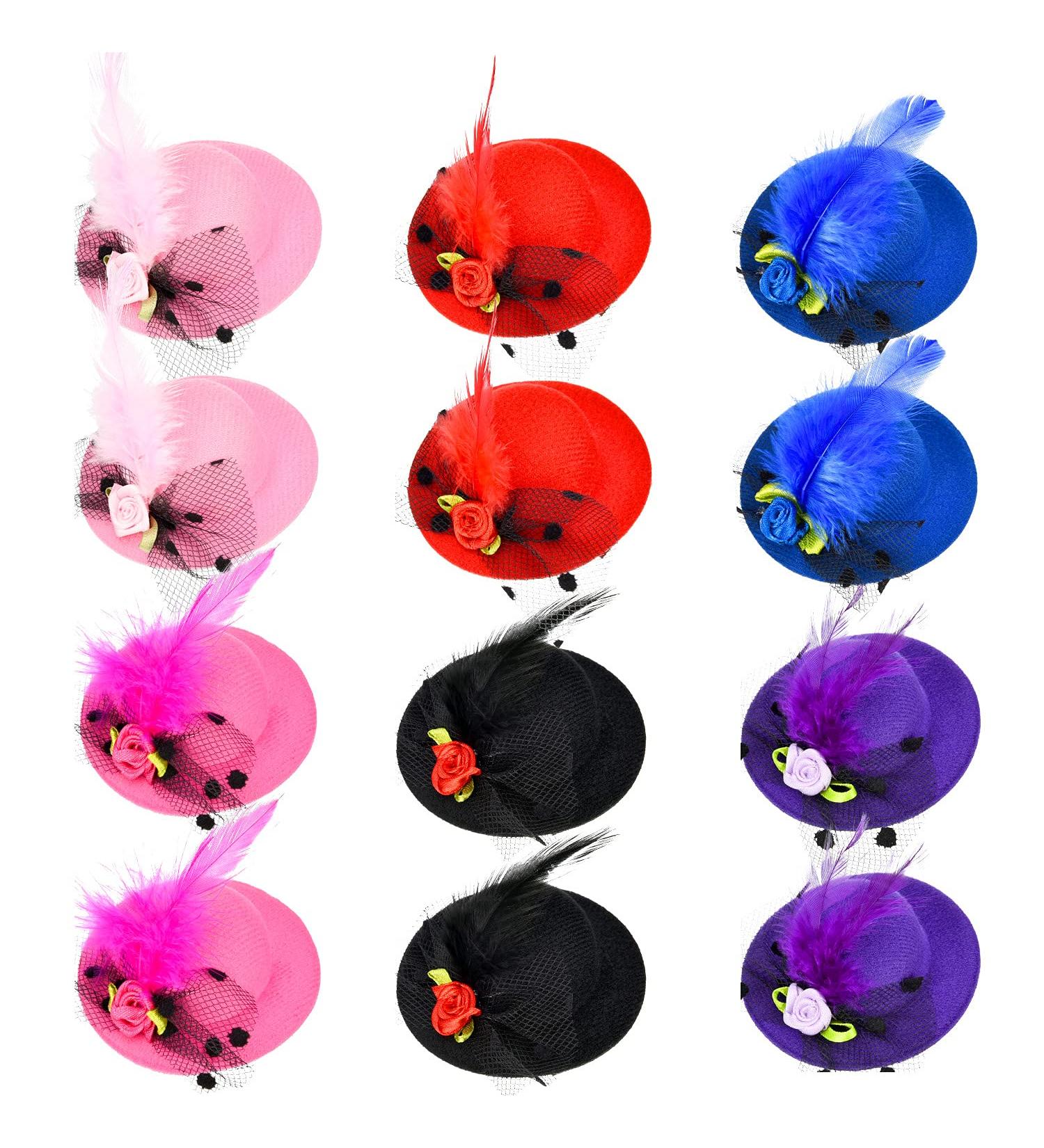 12-Piece Mini Hat Clips for Girls - Tea Party Fascinator Hair Accessories with Ribbon Flowers and Faux Feather Mesh Bow Barrettes - Toddler Costume Accessory - Buy Online on SooperMarket.com