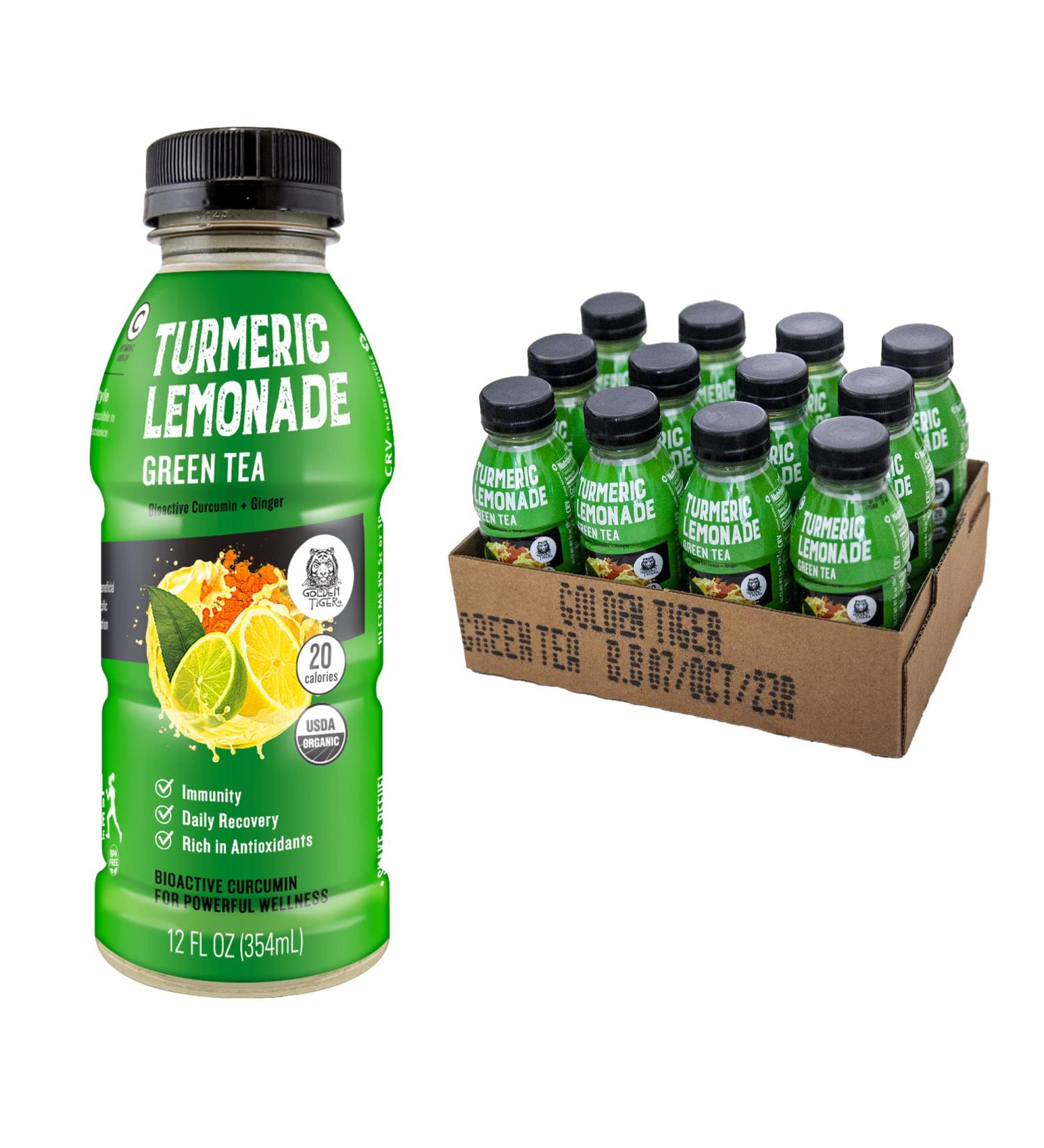 Organic Golden Tiger Turmeric Lemonade with Green Tea - Inflammation Relief & Immunity Support - 12 Bottles - Buy Online on SooperMarket.com