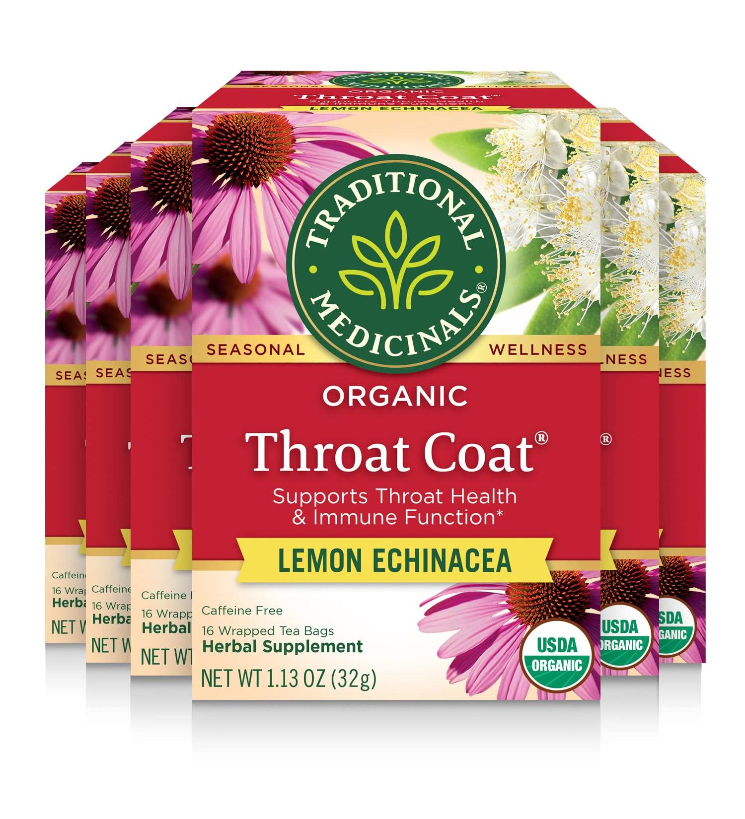 Traditional Medicinals Organic Throat Coat Lemon Echinacea Tea 16 Count (Pack of 6) - Soothing Tea for Seasonal Wellness - Buy Online on SooperMarket.com