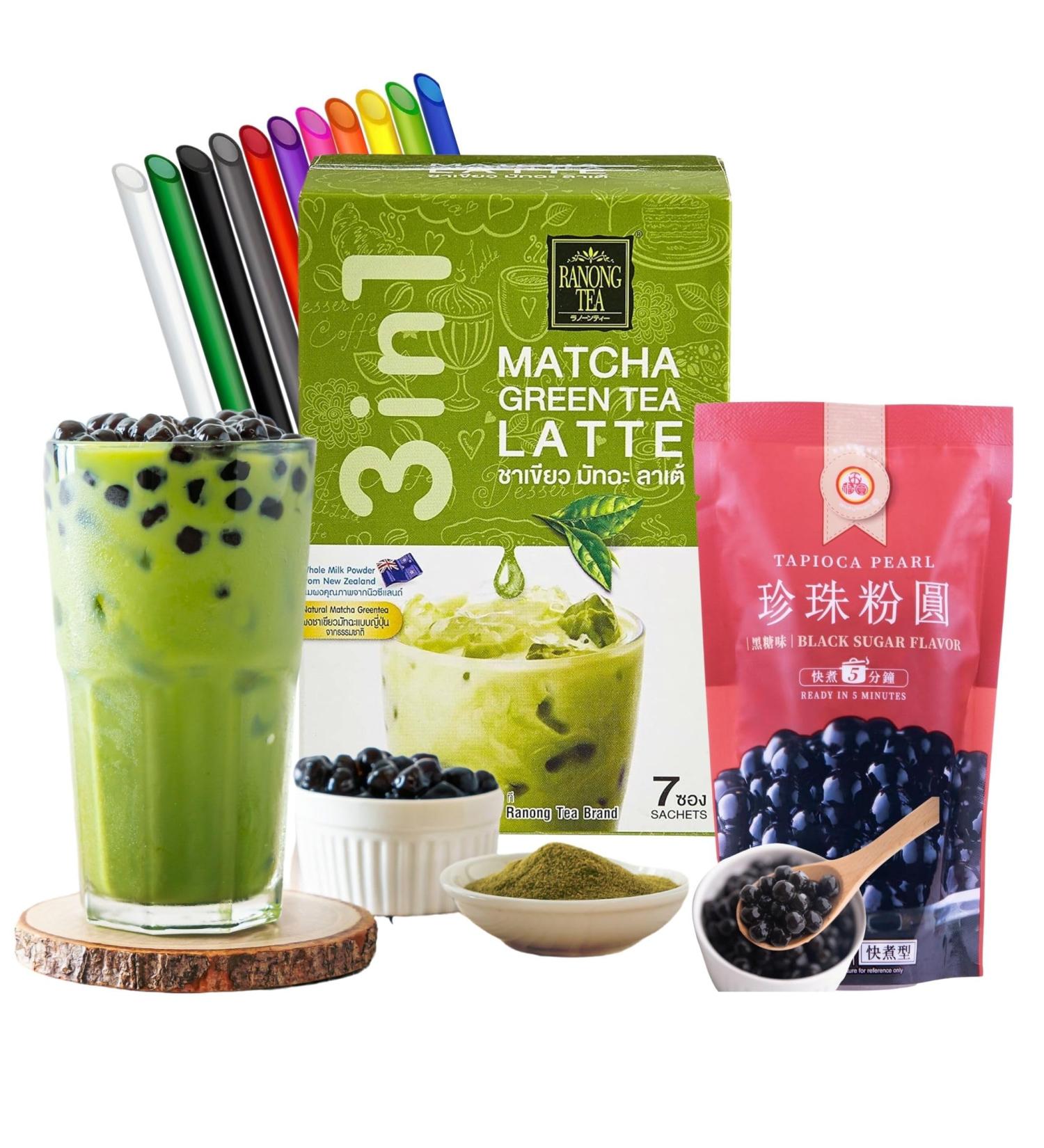 Matcha Bubble Tea Kit (7 servings) with Ranong Thai Tea Mix Matcha Green Tea Latte Instant Mix 161g and Wu Fu Yuan Black Tapioca Pearls 250g Including Mint Retail Boba Tea Straws - Buy Online on SooperMarket.com