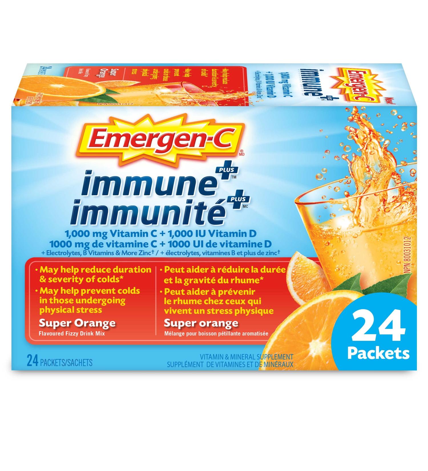 Emergen-C Immune+ 1000mg Vitamin C Powder Supplement Drink Mix Immune System Booster Super Orange 24 Packets Vitamin Orange 223.2 g (Pack of 1) - Buy Online on SooperMarket.com