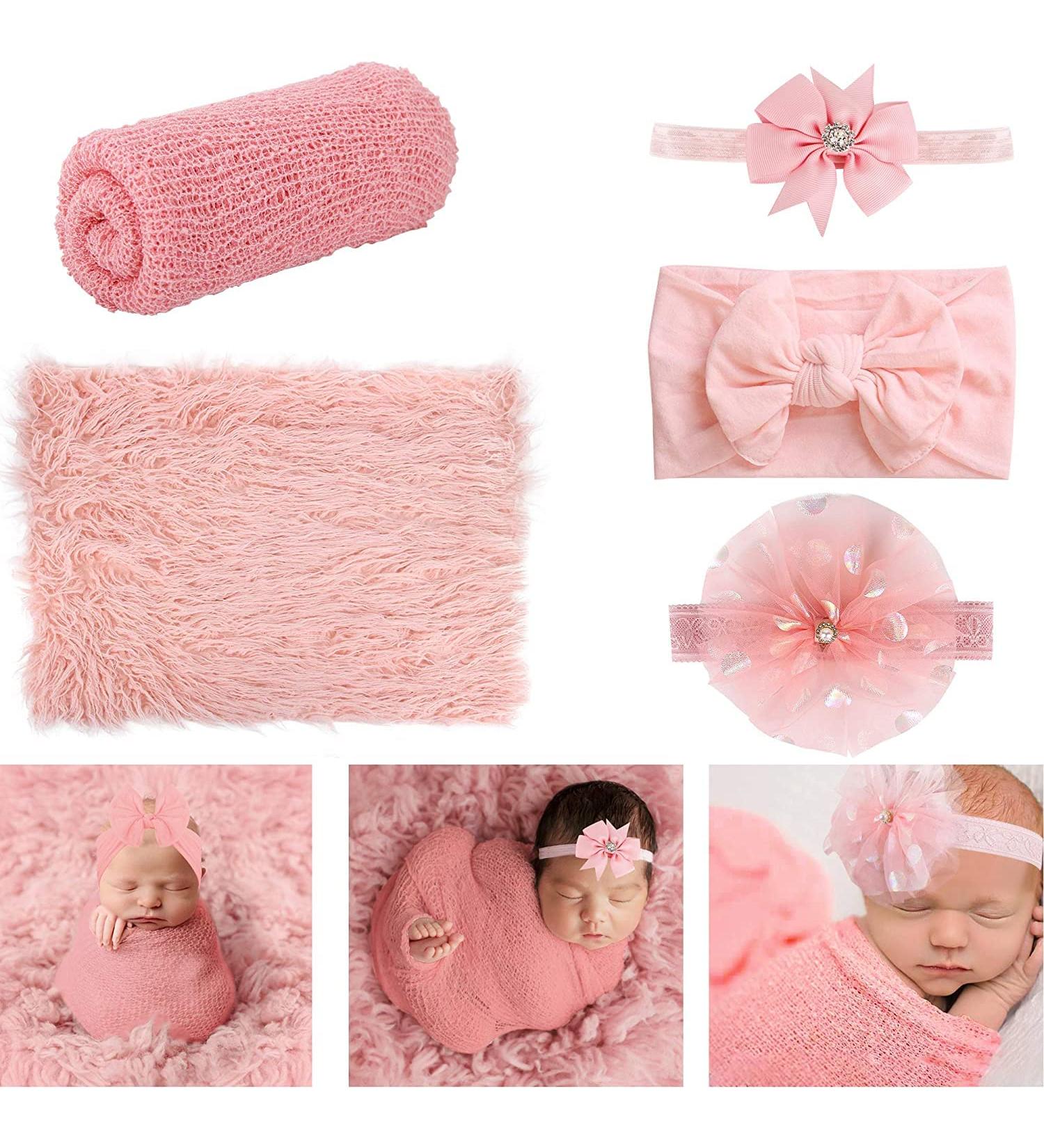 Newborn Photography Props  5 PCS Baby Photo Props Long Ripple Wraps with Headbands  Pink Baby Photography Wrap Set for Baby Girl and Boy - Buy Online on SooperMarket.com