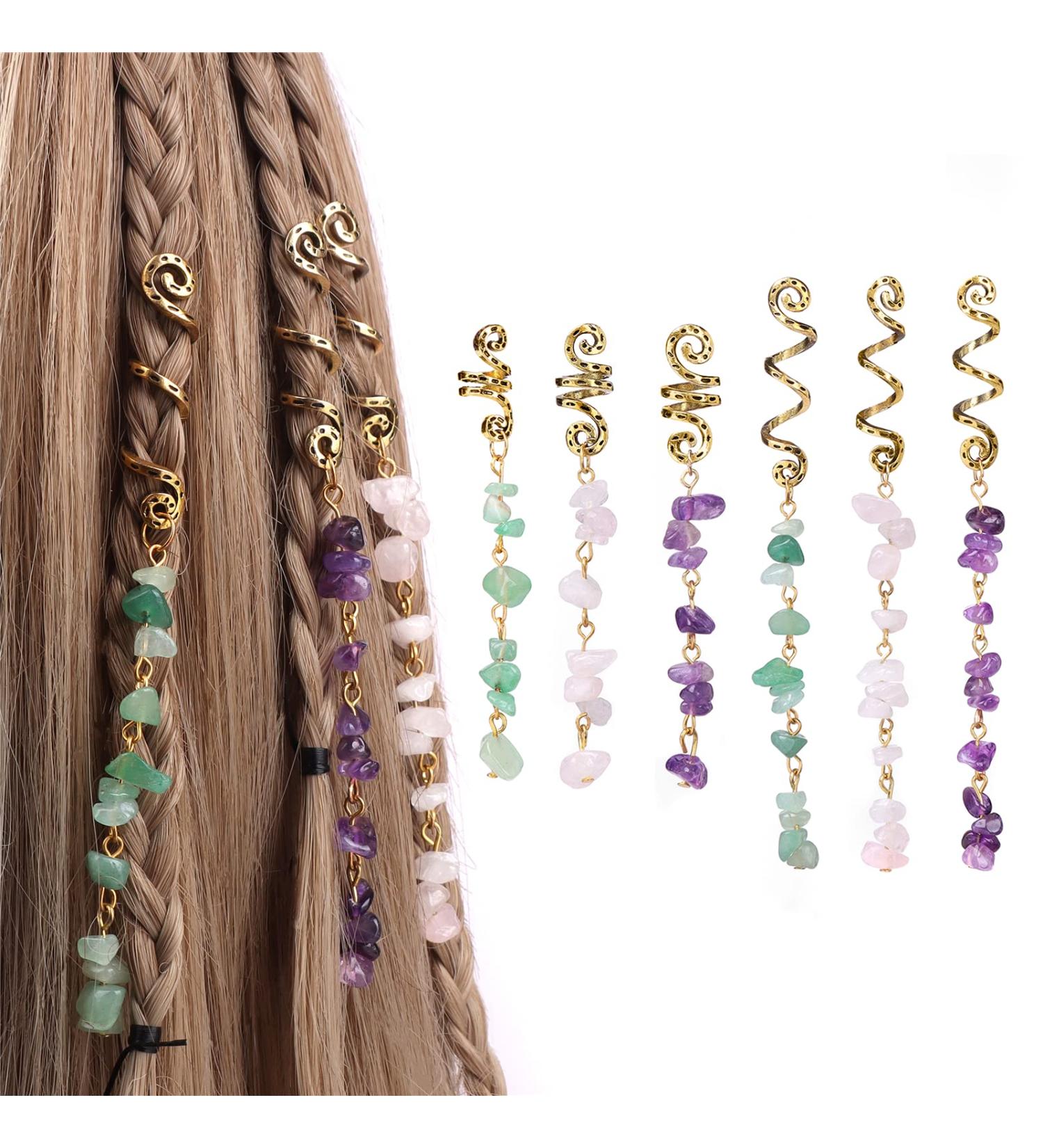 Vinswet Colored Natural Stone Tassels Hair Jewelry for Braids - Pack of 6 Green Pink Purple Gems - Dreadlock Accessories for Women Girls - Buy Online on SooperMarket.com
