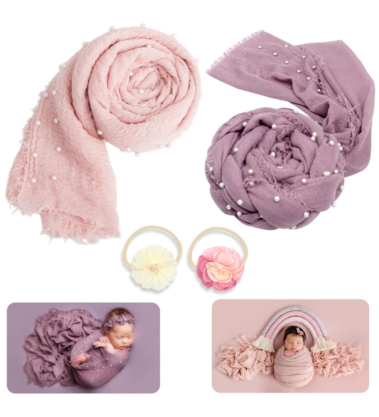 Newborn Photography Props Bundle: 4 PCS Handmade Knit Wrap Blankets Swaddle with Pearl Decor & Headbands - Snow Powder/Purple Gray - Buy Online on SooperMarket.com
