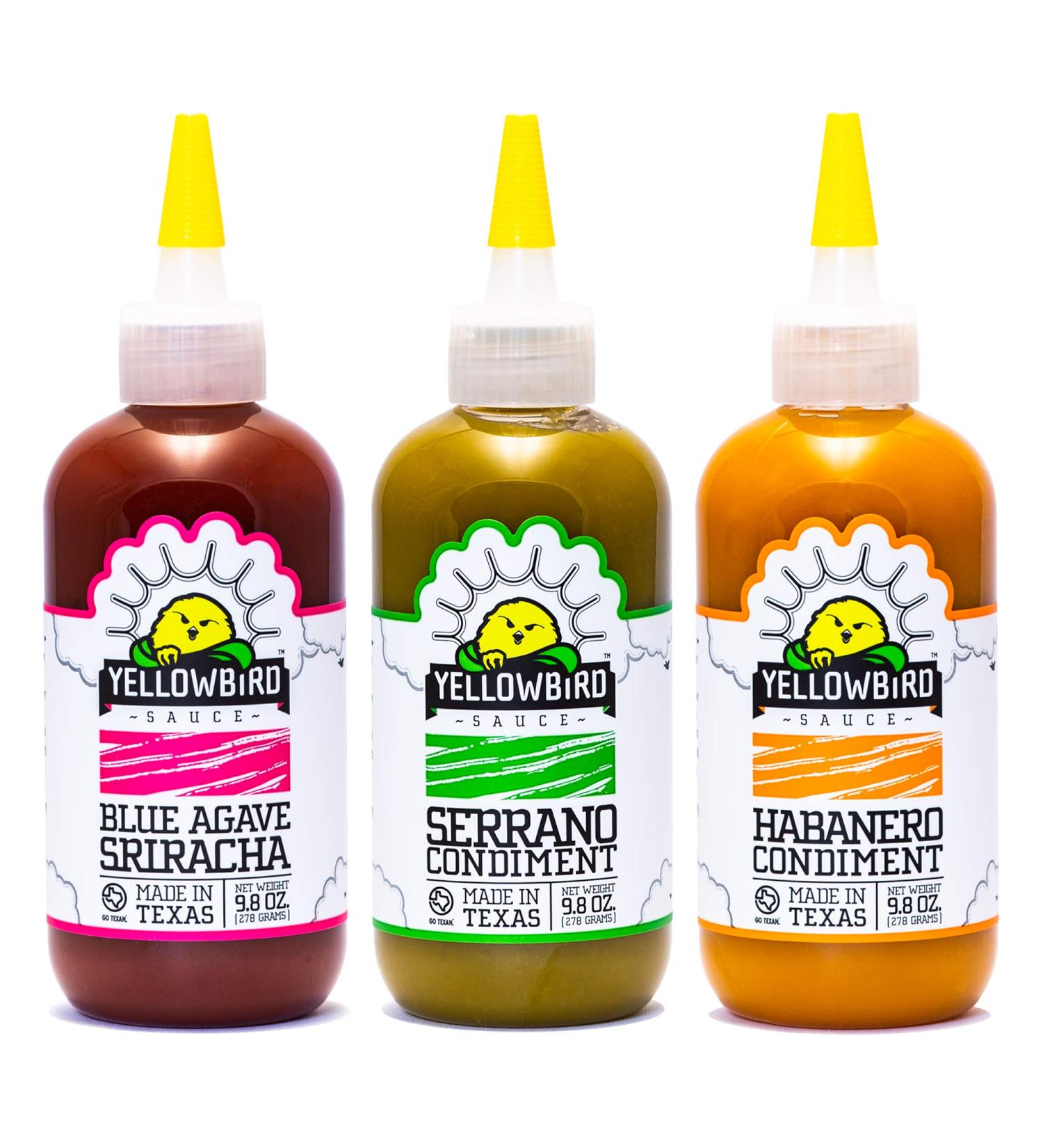 Hot Sauce Variety Pack by Yellowbird - Hot Sauce Sampler Gift Set with Blue Agave Sriracha  Jalapeno  and Serrano Hot Sauces - Plant-Based  Gluten Free  Non-GMO - Homegrown in Austin - 9.8 oz (3-Pack) - Buy Online on SooperMarket.com