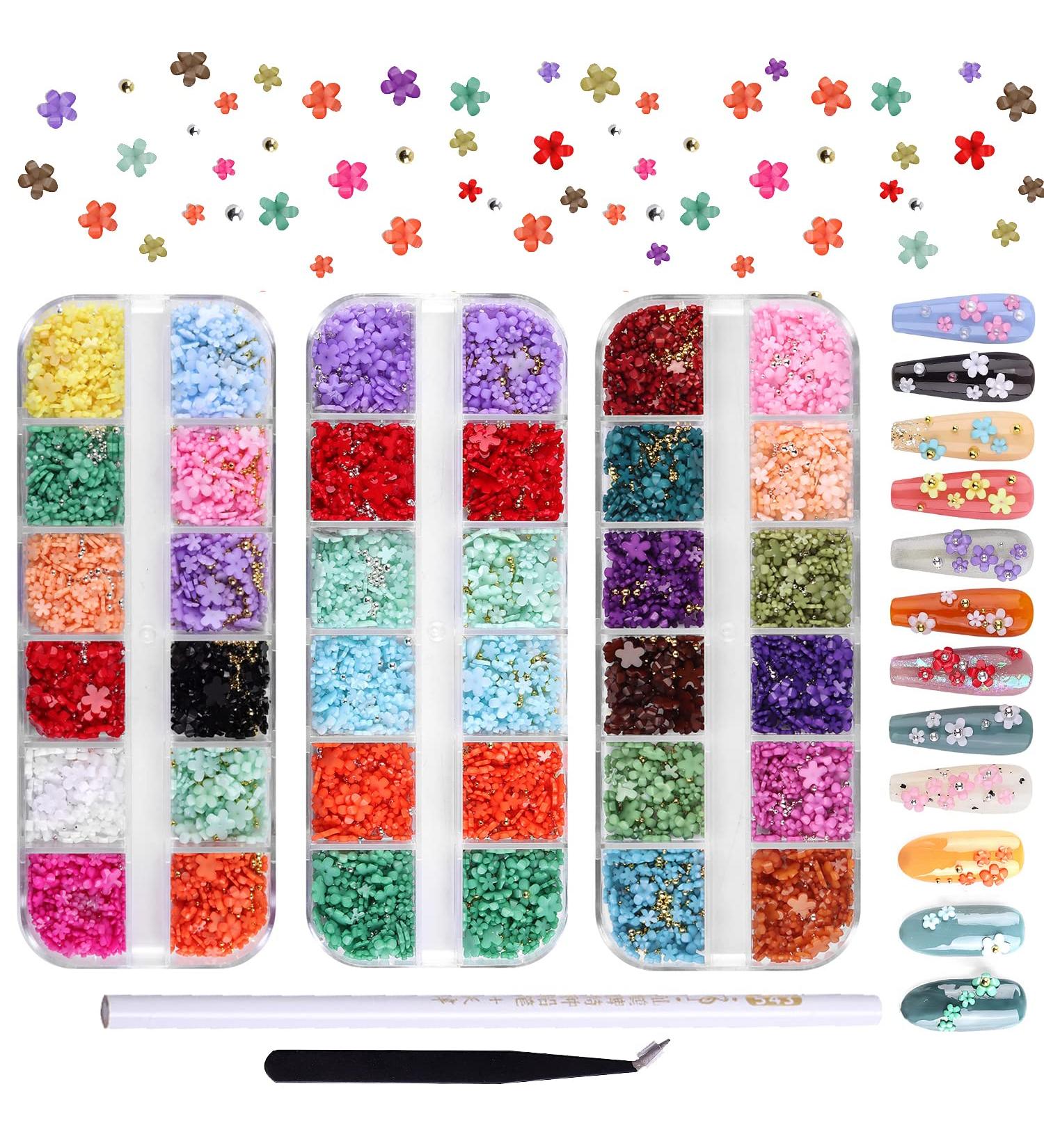 Flymind 3D Flower Nail Charms Set - Light Changing Acrylic Resin Flowers & Metal Caviar Beads for DIY Manicure Decoration | Includes Pickup Pencils & Tweezer - 36 Grids - Buy Online on SooperMarket.com