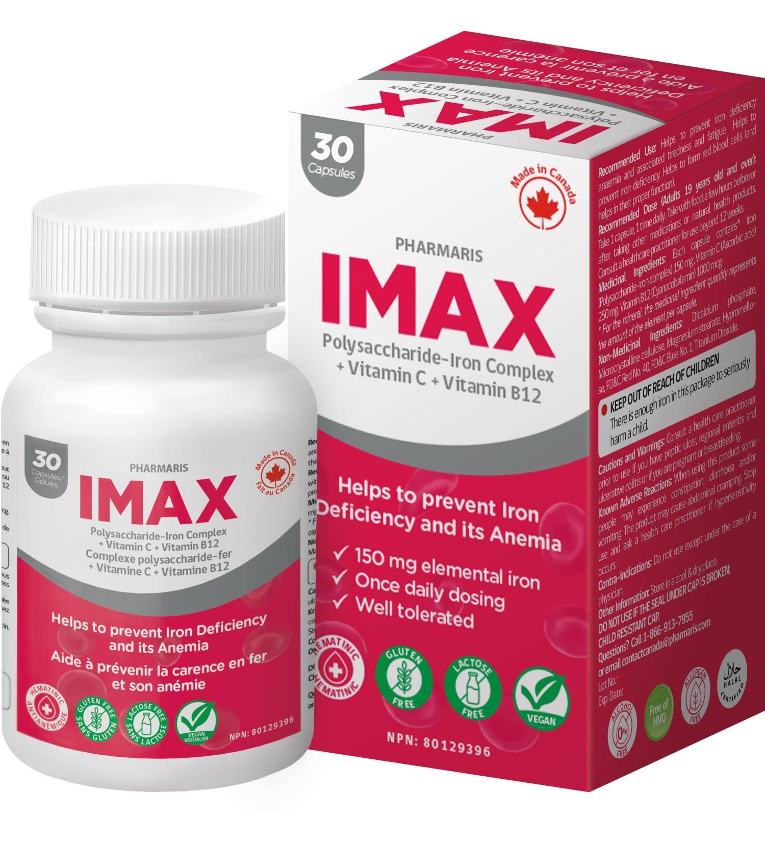 Pharmaris IMAX 150 mg Iron Supplement 250 mg Vit C 1000 mcg Vit B12 30 Capsules Effective iron pills for Iron deficiency Anemia Once Daily Dosing - Buy Online on SooperMarket.com
