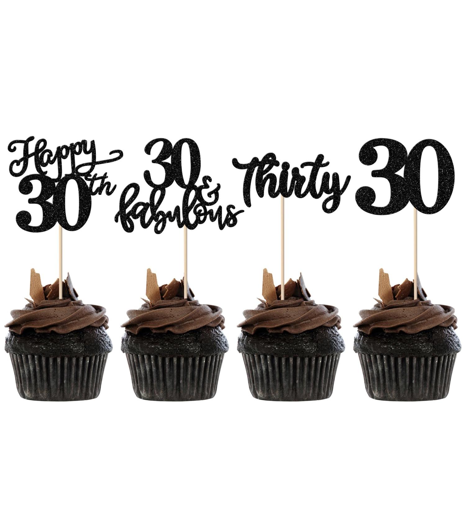 Rsstarxi 24 Pack Glitter 30th Birthday Cupcake Toppers Thirty 30 Fabulous Cupcake Picks Decorations for Happy 30th Birthday Wedding Anniversary Party Cake Decorations Black Design 1 30th Blcak
