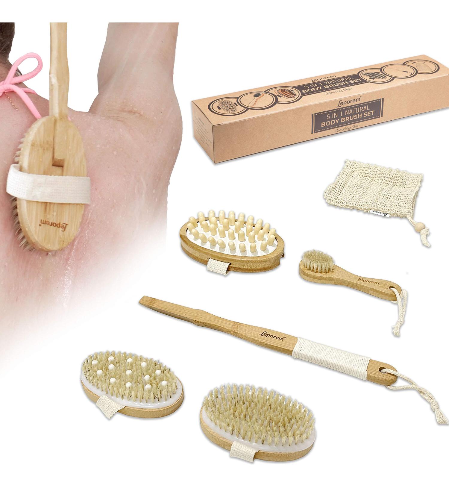 5-in-1 Body Brush Set for Exfoliation and Cellulite Massage - Shower & Bath Scrubber with Long Handle and Sisal Bag - Natural Bristle Facial Brush Included - Perfect Gift Idea - Buy Online on SooperMarket.com