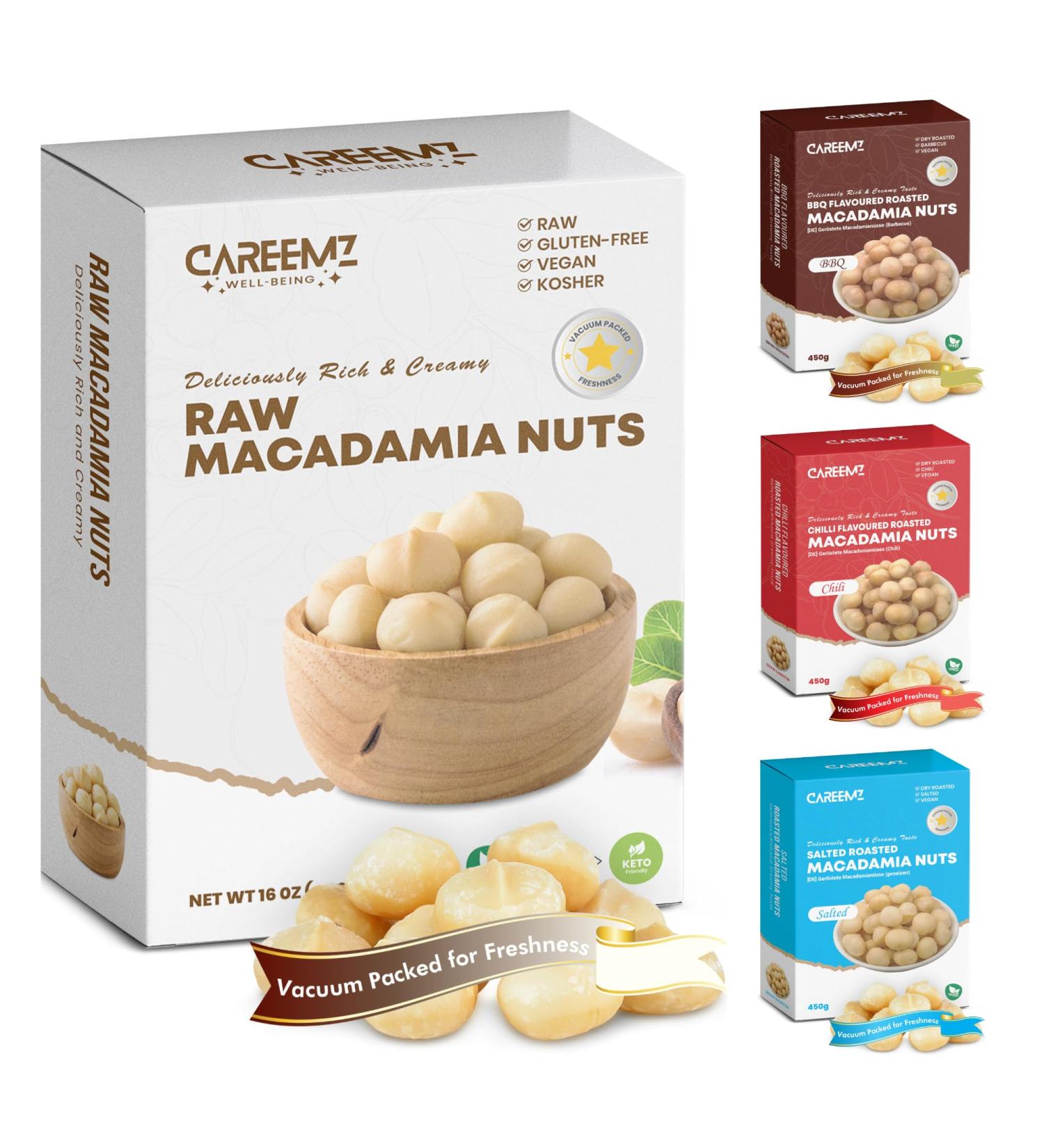 CAREEMZ Raw Macadamia Nuts (Unflavoured) - Malawi's Finest Gourmet Snack, Nutritious, Keto Friendly, Vacuum Sealed for Freshness - 450g - Buy Online on SooperMarket.com