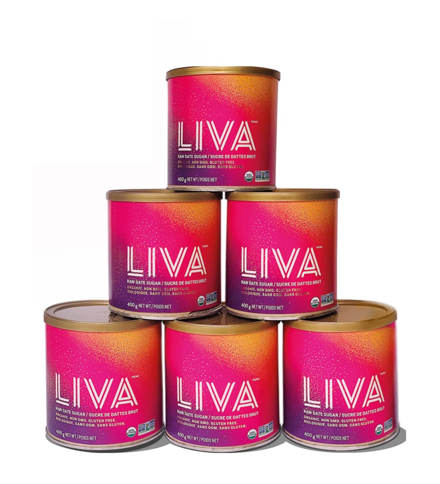 LIVA Certified Organic Raw Date Sugar | 100% Pure and Naturally Milled | ECOCERT Canada | Non-GMO Project Verified | Kosher | Single Ingredient | Ethically Sourced | Gluten Free | Plant-Based | 400g x 6 Canisters - Buy Online on SooperMarket.com