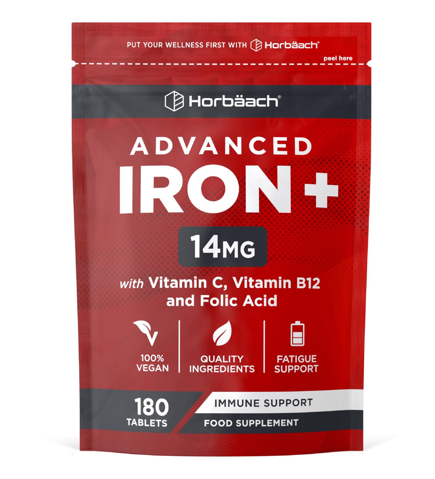 Iron Tablets High Strength | Iron Complex with Vitamin C Folic Acid & Vitamin B12 | Supplement for Men & Women | 180 Vegan Tablets | by Horbaach - Buy Online on SooperMarket.com