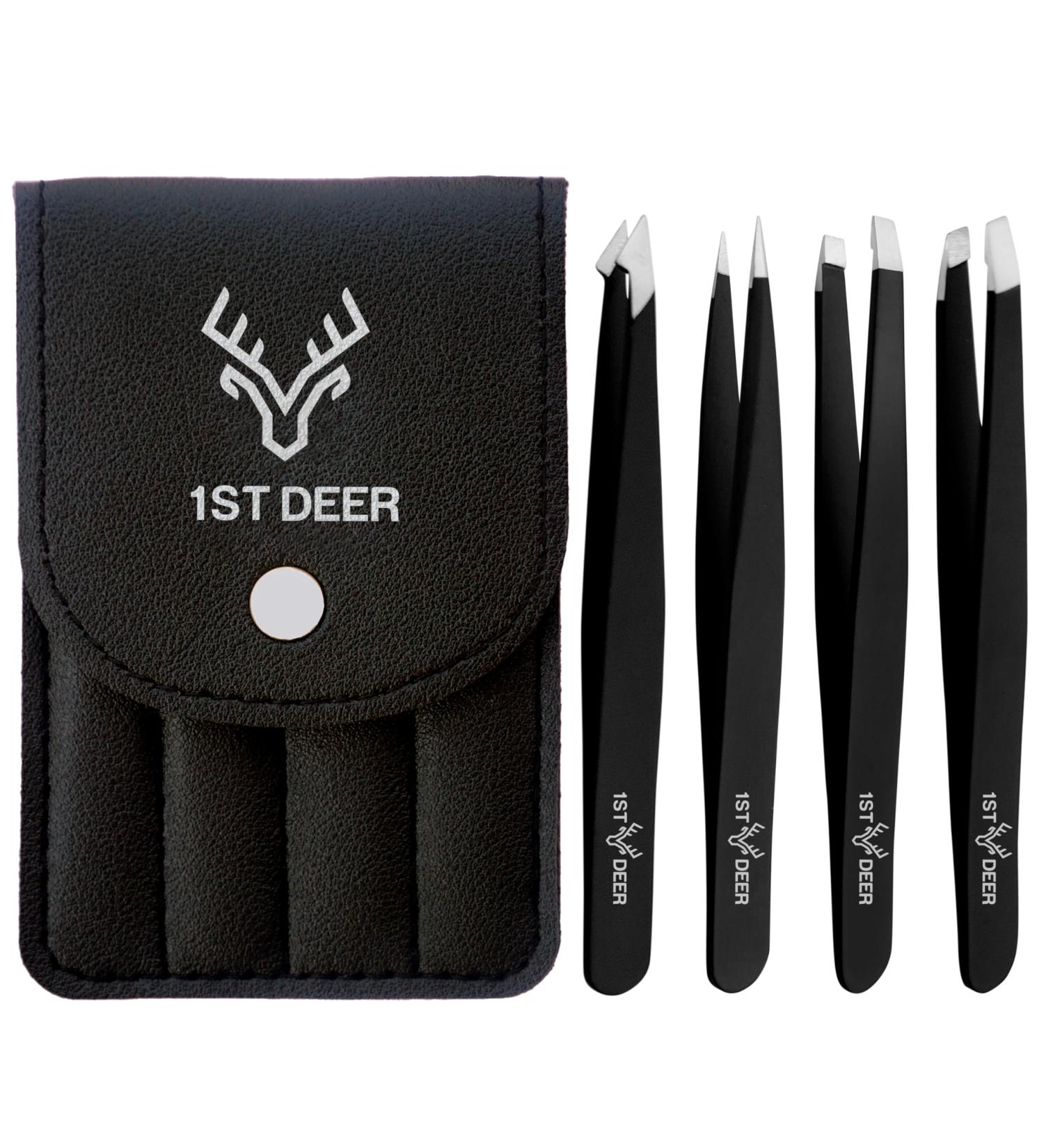 Deer Precision Tweezers Set - Stainless Steel, Professional Ingrown Hair Remover with Carry Pouch for Men & Women - Buy Online on SooperMarket.com