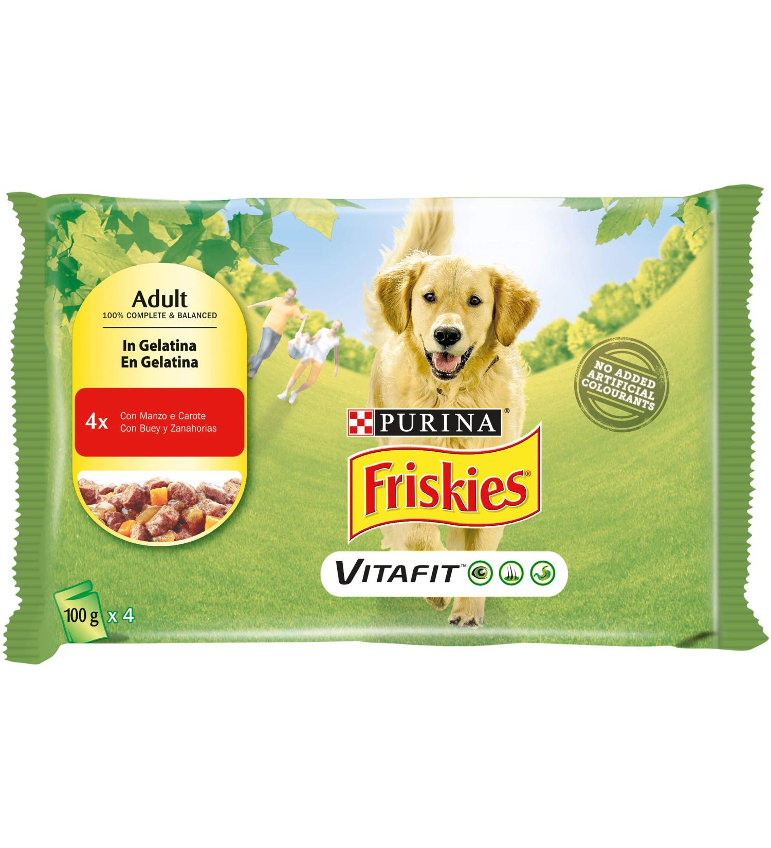 Buy Purina Friskies Wet Dog Food with Beef & Carrots - 40 x 100g Bags | Premium Gelatine Beef 400g (Pack of 10) - International Shipping Available - Buy Online on SooperMarket.com