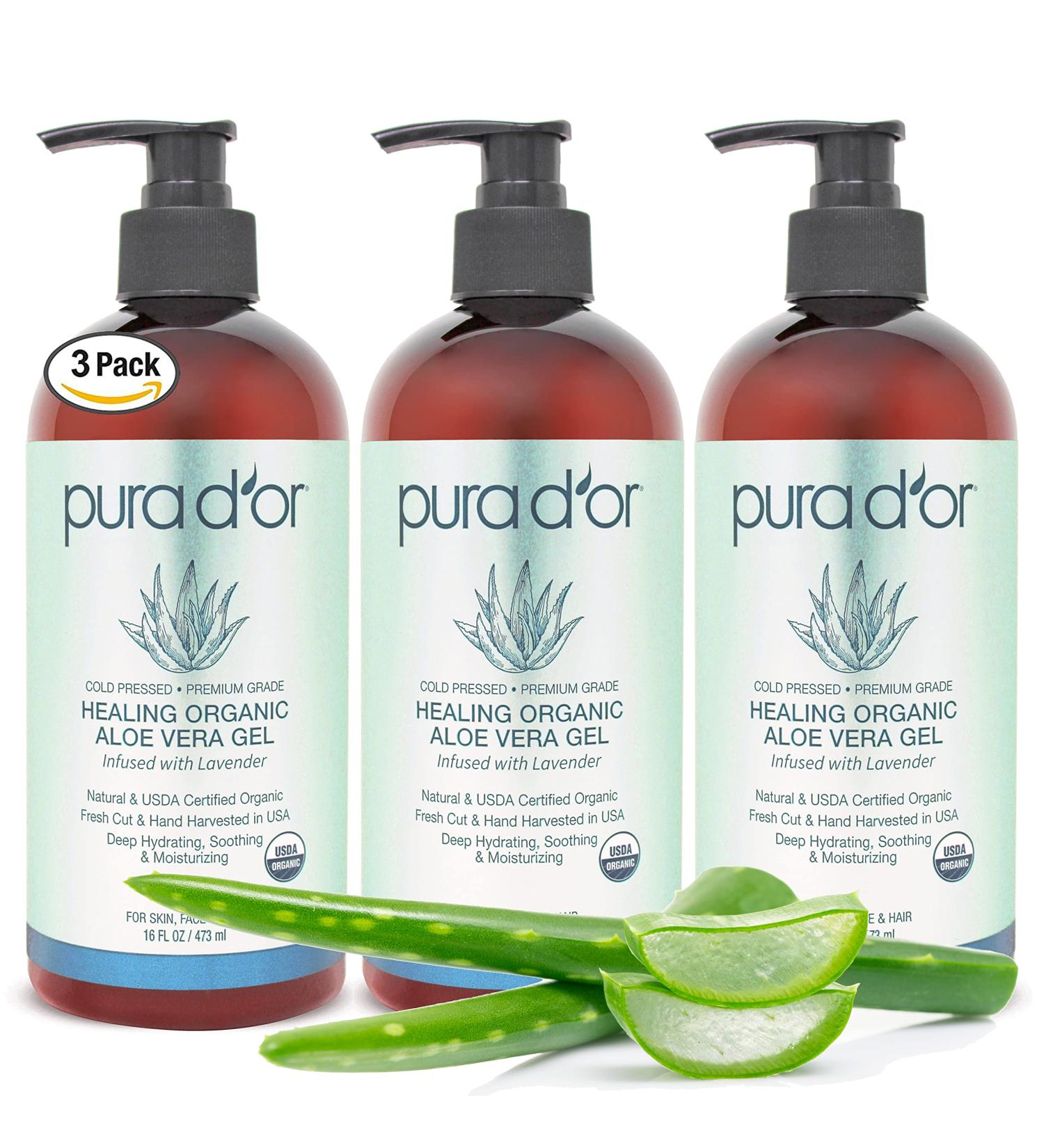 PURA D'OR Organic Aloe Vera Gel Lavender (16oz 3-PACK) - Natural Deep Hydration for Skin & Hair - Sunburn, Bug Bites, Eczema Relief - No Artificial Preservatives - Buy Online on SooperMarket.com