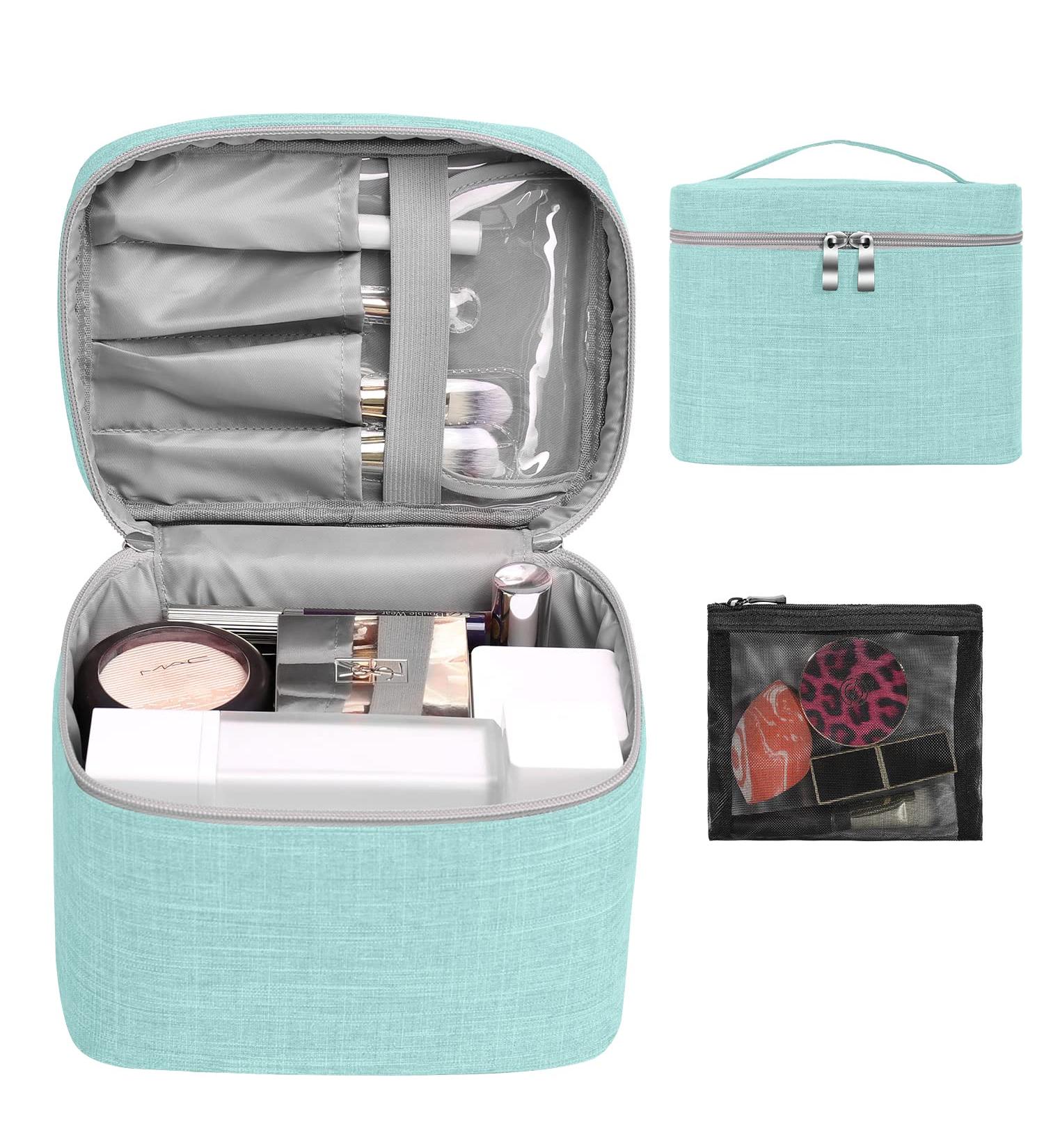 Large Aqua Green Makeup Bag Organizer - Travel Cosmetic Case with Mesh Brush Holder - Buy Online on SooperMarket.com
