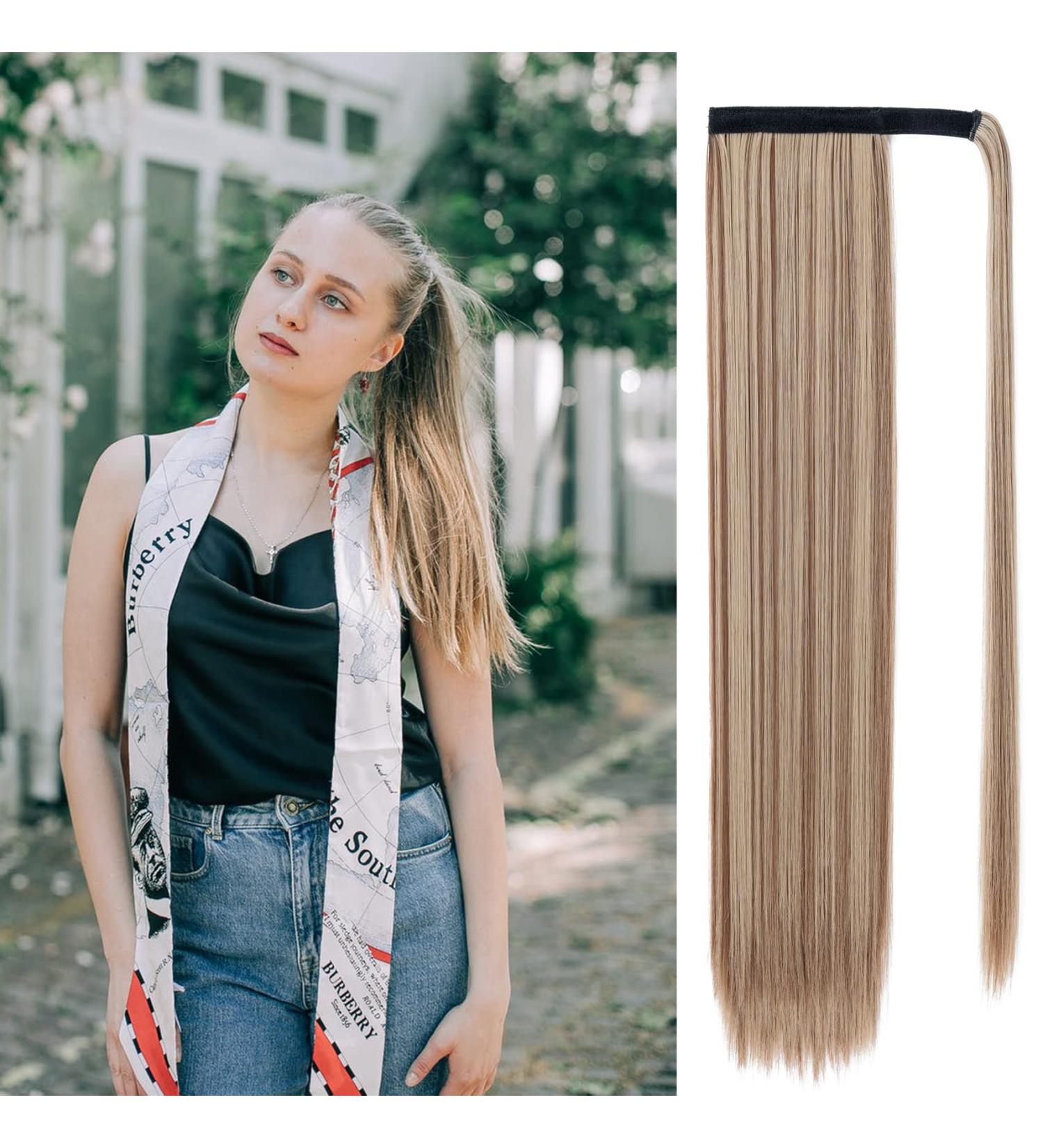 Sleek Silk-co 28 Inch Clip-In Ponytail Hairpiece in Light Brown & Blond - Heat-Resistant Fiber - Women's Straight Ponytail Extension - Buy Online on SooperMarket.com