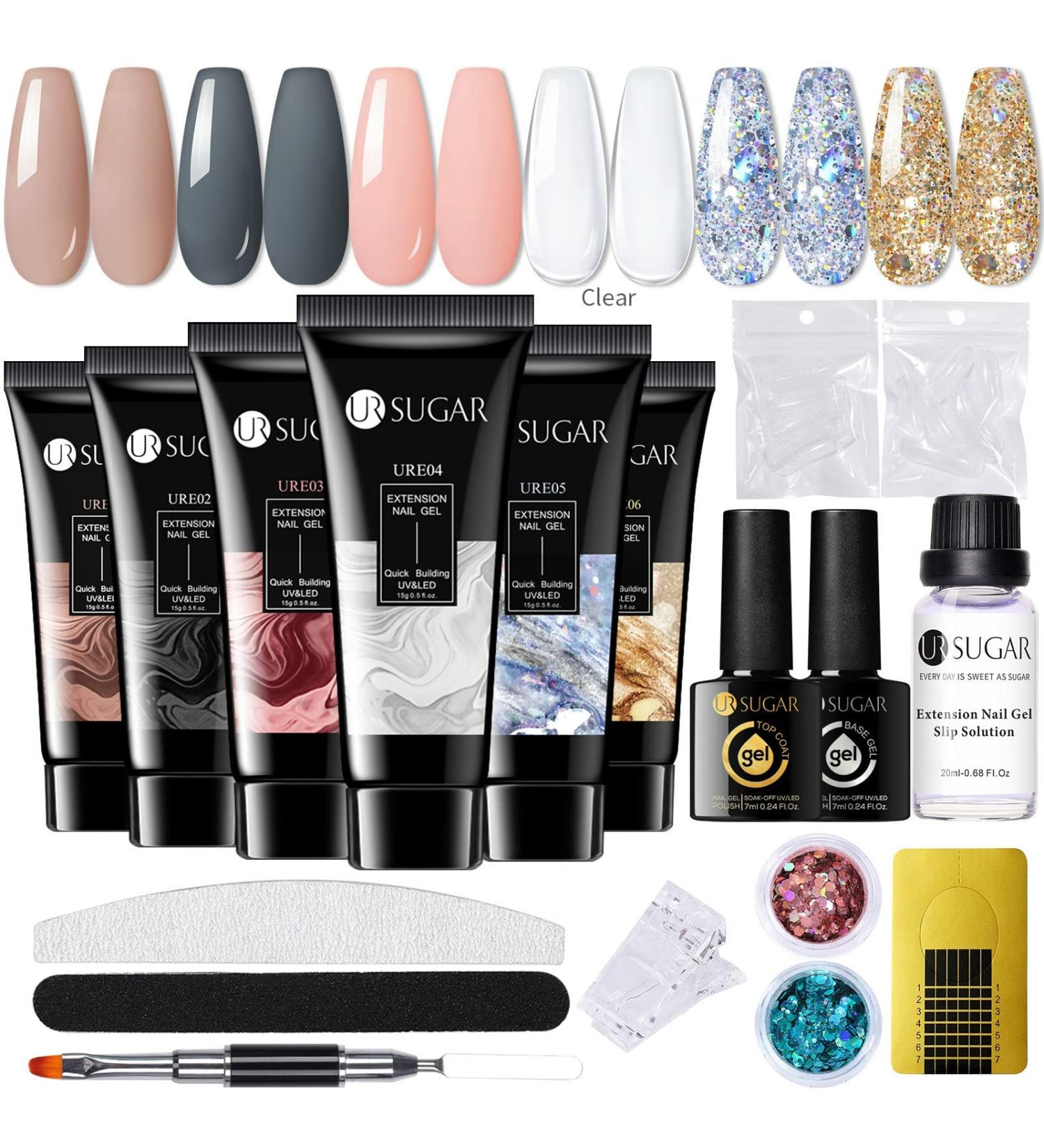 UR SUGAR Poly Gel Nails Set | 6 Colors Nail Extension Builder Gel Kit with Base & Top Coat | DIY Manicure at Home | Glitter Nude & Clear Polygel - Buy Online on SooperMarket.com