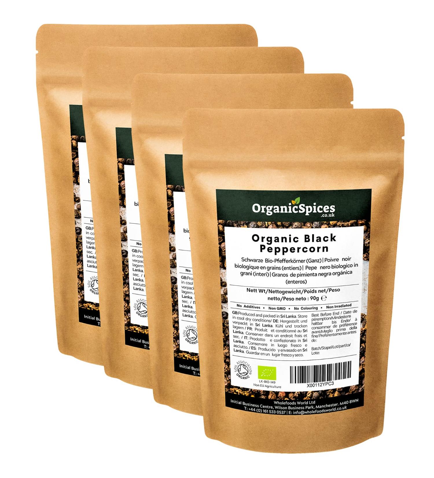 Organic Whole Black Peppercorns | UK Soil Association Certified | 360g (4 x 90g) 360g (4x90g)
