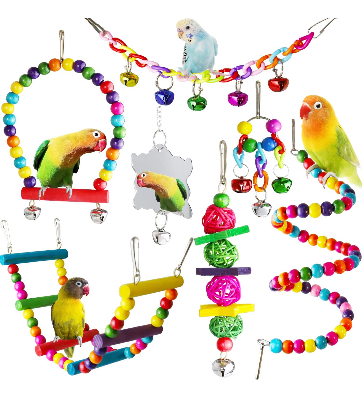 7 Pcs Bird Budgie Toys ESRISE Hanging Bell Pet Bird Cage Hammock Swing Climbing Ladders Toy Wooden Perch Mirror Chewing Toy for Conures Love Birds Small Parakeets Cockatiels Parrot (Muliti-B) - Buy Online on SooperMarket.com
