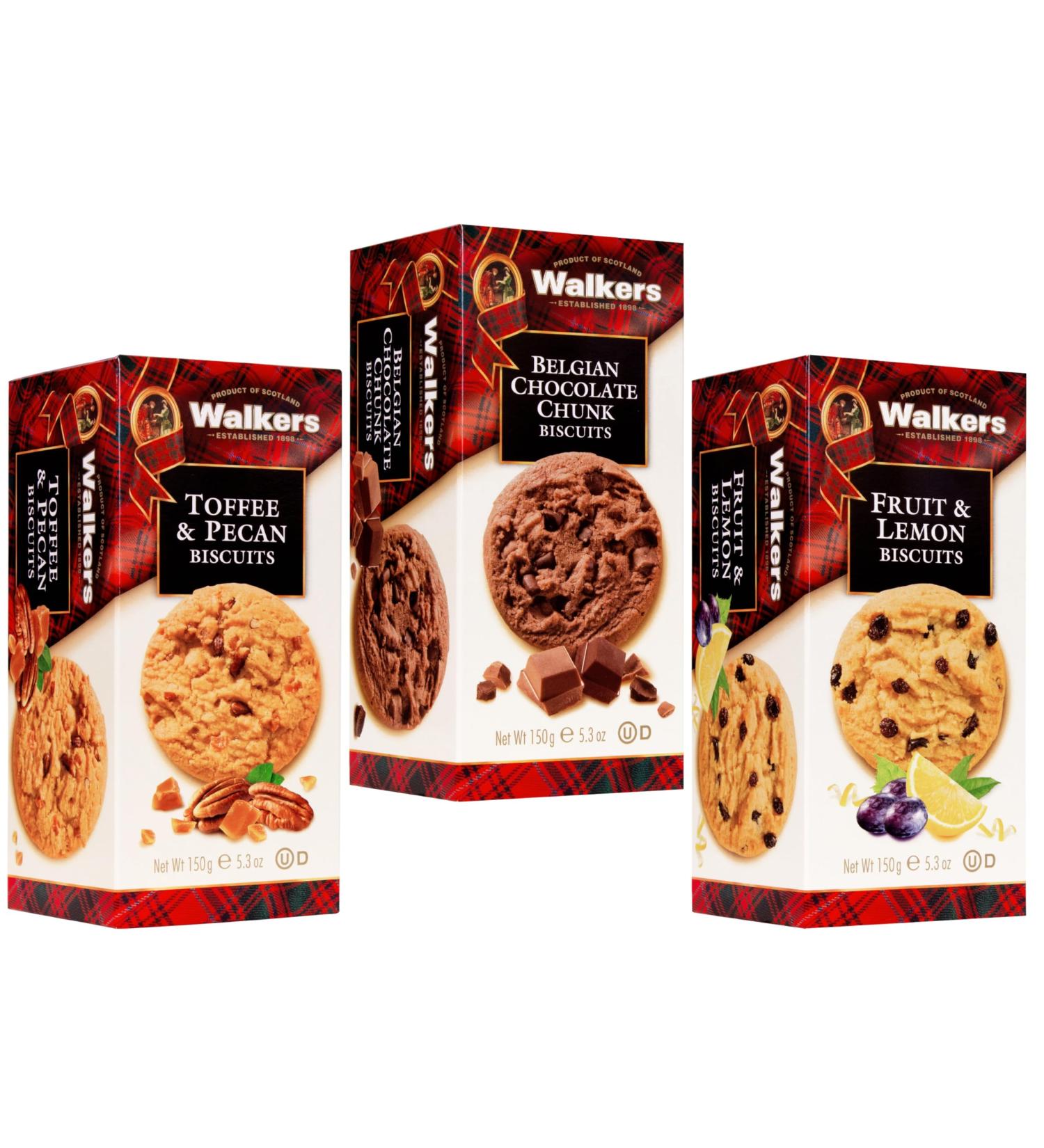 Walkers Shortbread Cookies Selection - Belgian Chocolate Chunk Toffee & Pecan and Fruit & Lemon Biscuits - 3 Pack - Buy Online on SooperMarket.com