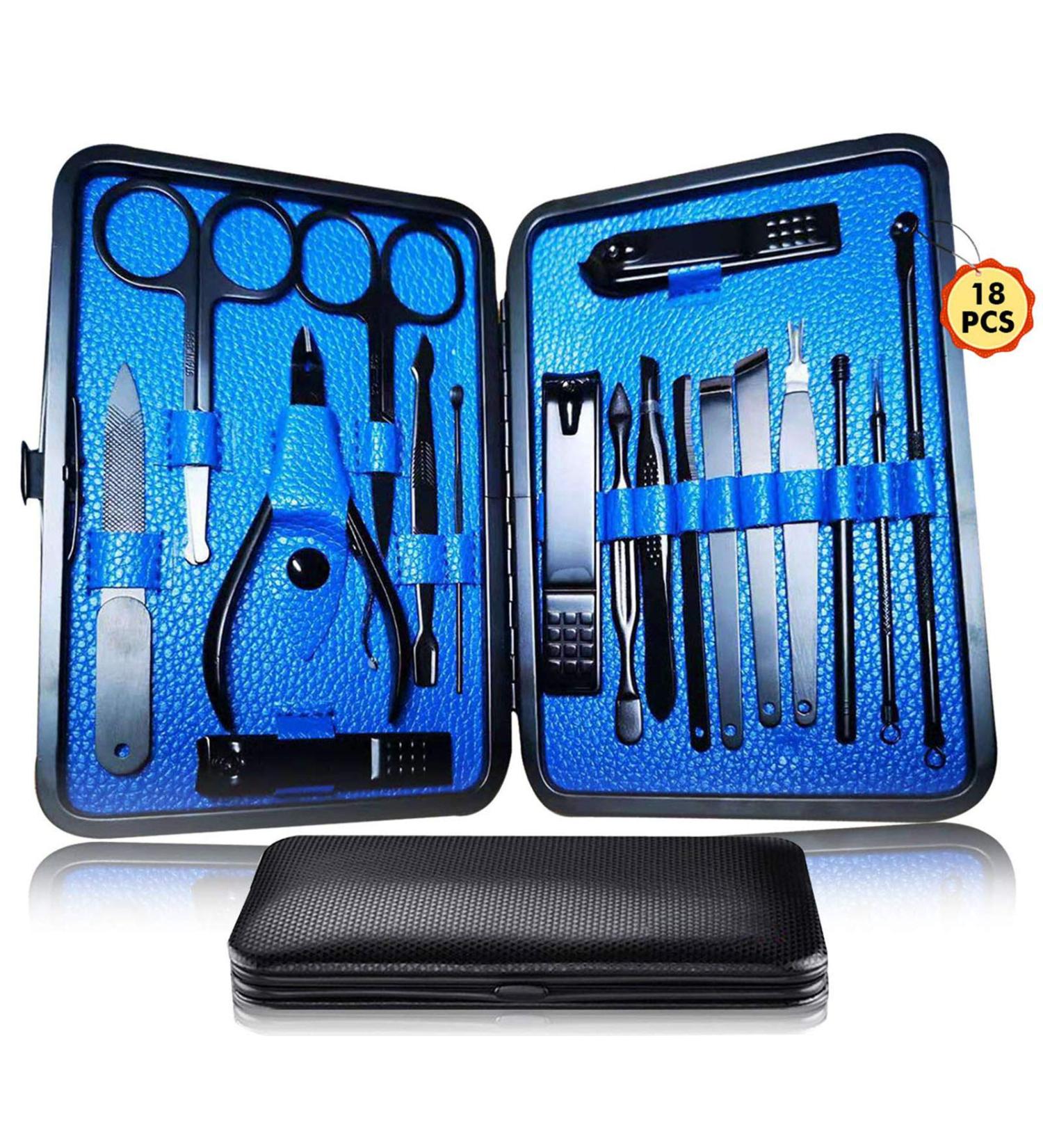18-in-1 Manicure Pedicure Kit for Men & Women | Stainless Steel Nail Clippers Set with Sharp Scissors & Vibrissac Scissors | Stylish Case Included (Blue) - Buy Online on SooperMarket.com
