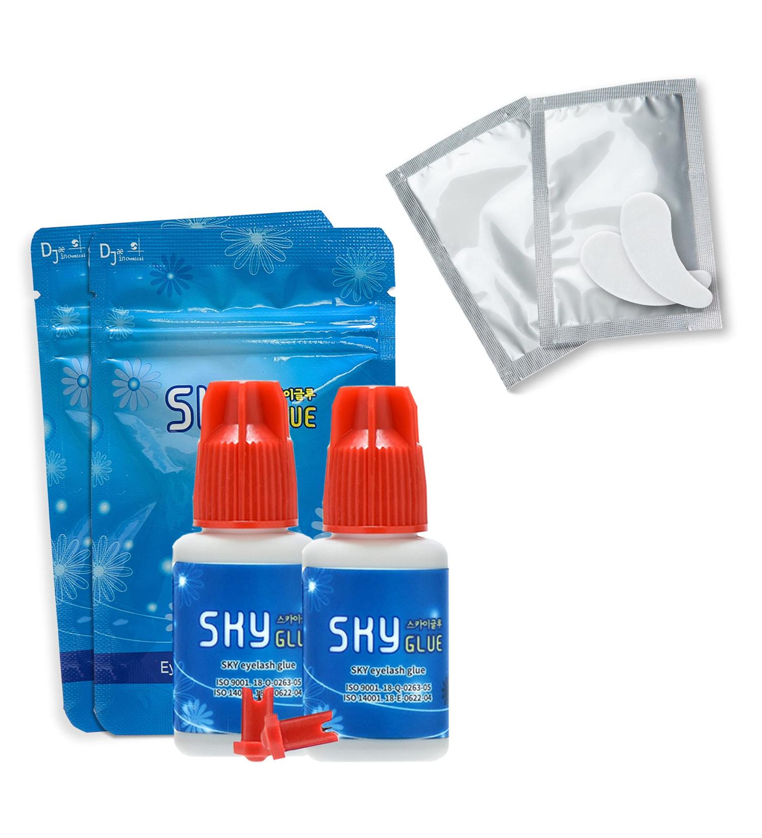 Sky Glue S+ 5ml 2 Bottles Long Retention Eyelash Extensions Adhesive by KBS | Fast Drying, Professional Black Glue | 6-8 Weeks Lasting Time | Includes 2 Eyepatches (Two Pack) - Buy Online on SooperMarket.com