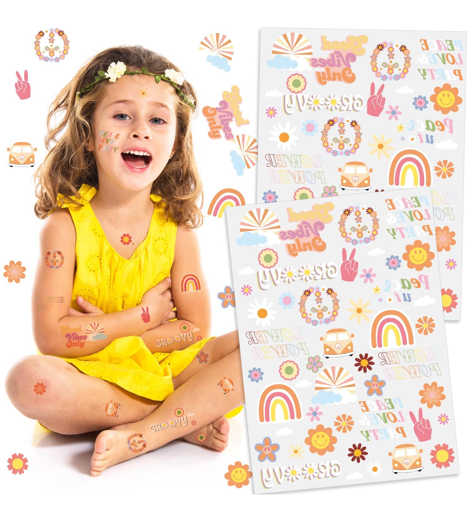 Hippie Temporary Tattoo Sticker Set - Flower, Love, and Peace Sign Designs for Adults and Kids - Buy Online on SooperMarket.com