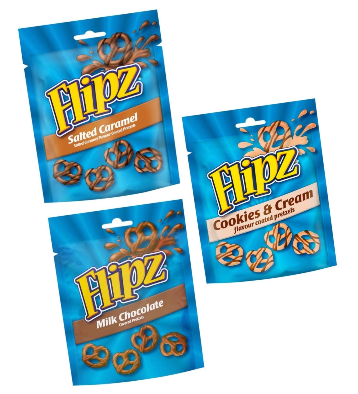 Flipz Coated Pretzels Gift Selection - Milk Chocolate, Cookies & Cream, Salted Caramel - 3 x 90g Bags - Perfect Picnic & Party Treat or Thank You Gift! Flippin' Awesome! - Buy Online on SooperMarket.com