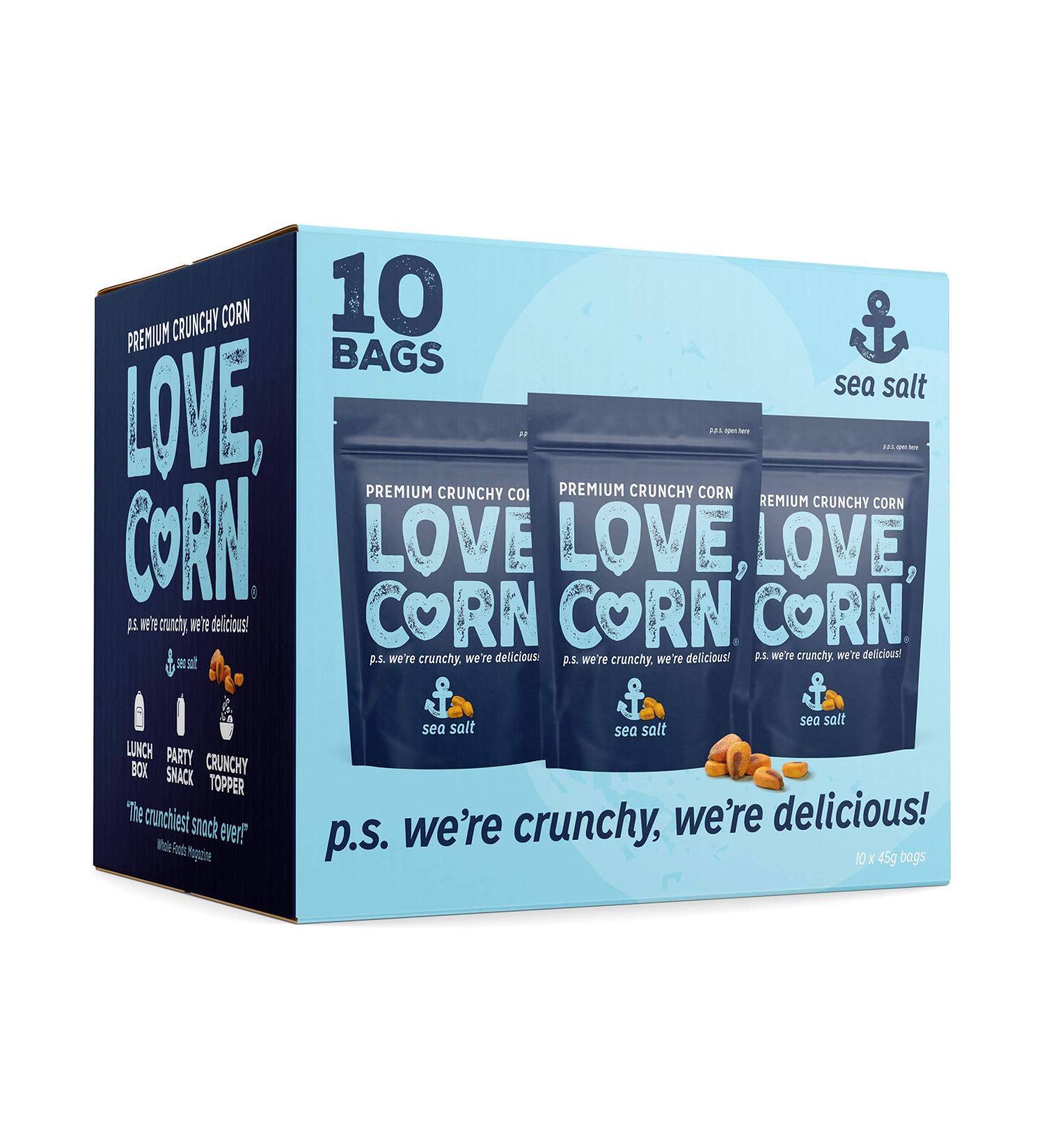 LOVE CORN Sea Salt Snack 1.6oz x10 Bags | Crunchy Non-GMO Gluten-Free Plant Based Low-Sugar | Salted Corn Snack Pack - Buy Online on SooperMarket.com