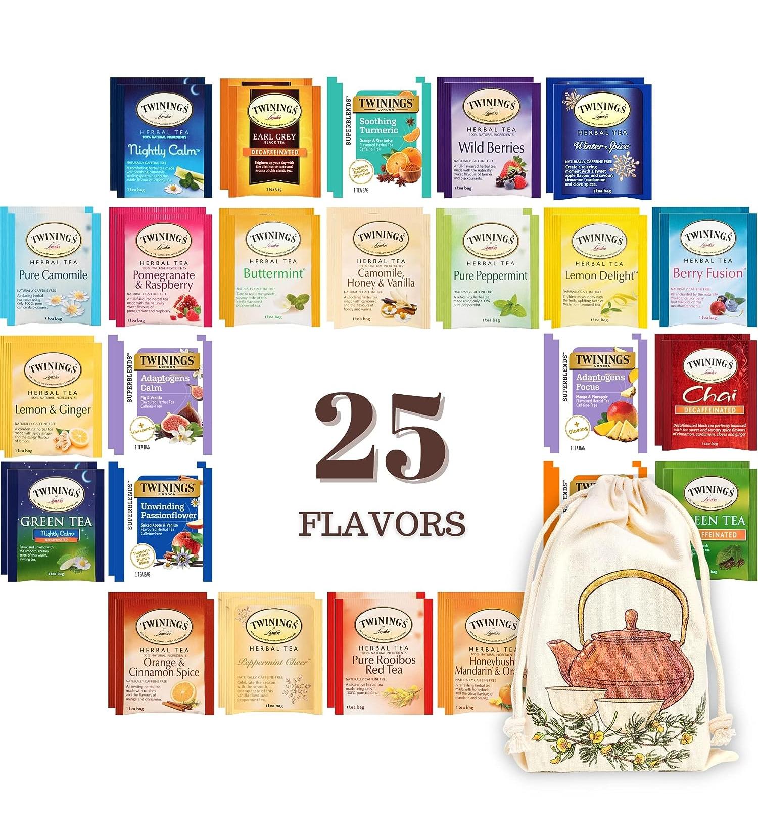 Twinings Tea Bags Variety Pack - Herbal & Decaf Sampler - 50 Ct - Individually Wrapped - 25 Flavors - Caffeine-Free - Buy Online on SooperMarket.com